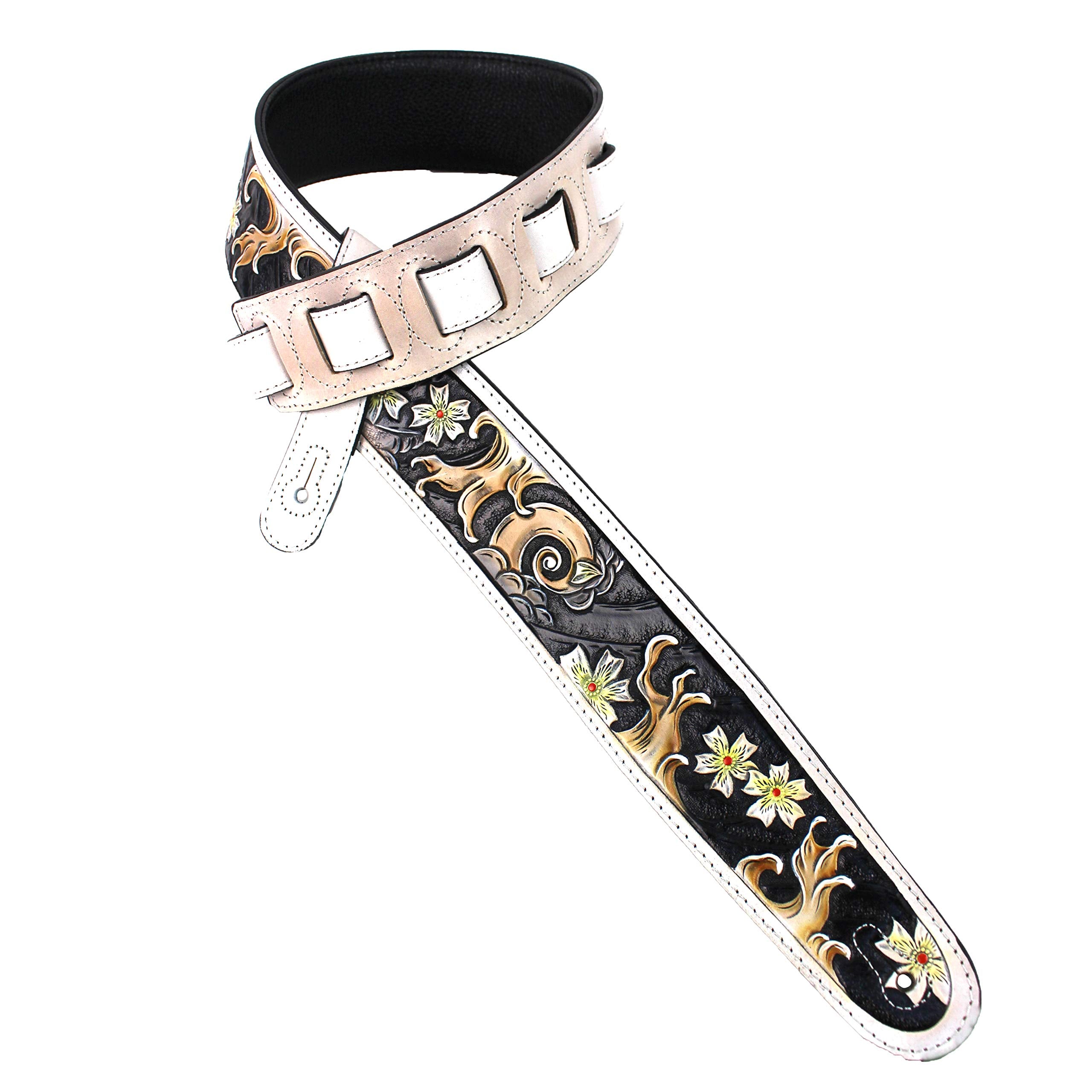 Walker And Williams LHR26 Antique White Handmade Premium Carving Leather Guitar Strap With SumiE Wave Scene For Acoustic, Elec