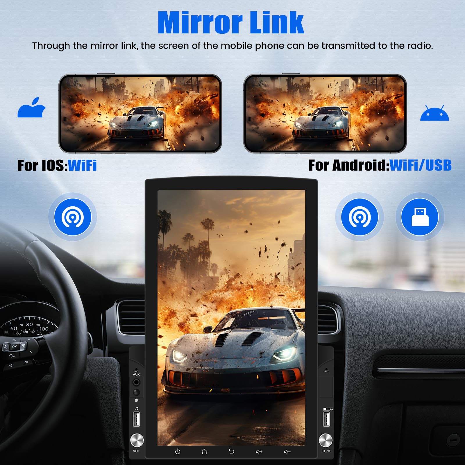 Android 13 Double Din Car Stereo With Bluetooth Gps Navigation, 9.7'' Vertical Touchscreen Car Radio With Fm Radio Wifi Ios/Android Mirror Link Usb/Aux In Head Unit + Backup Camera&Remote Control