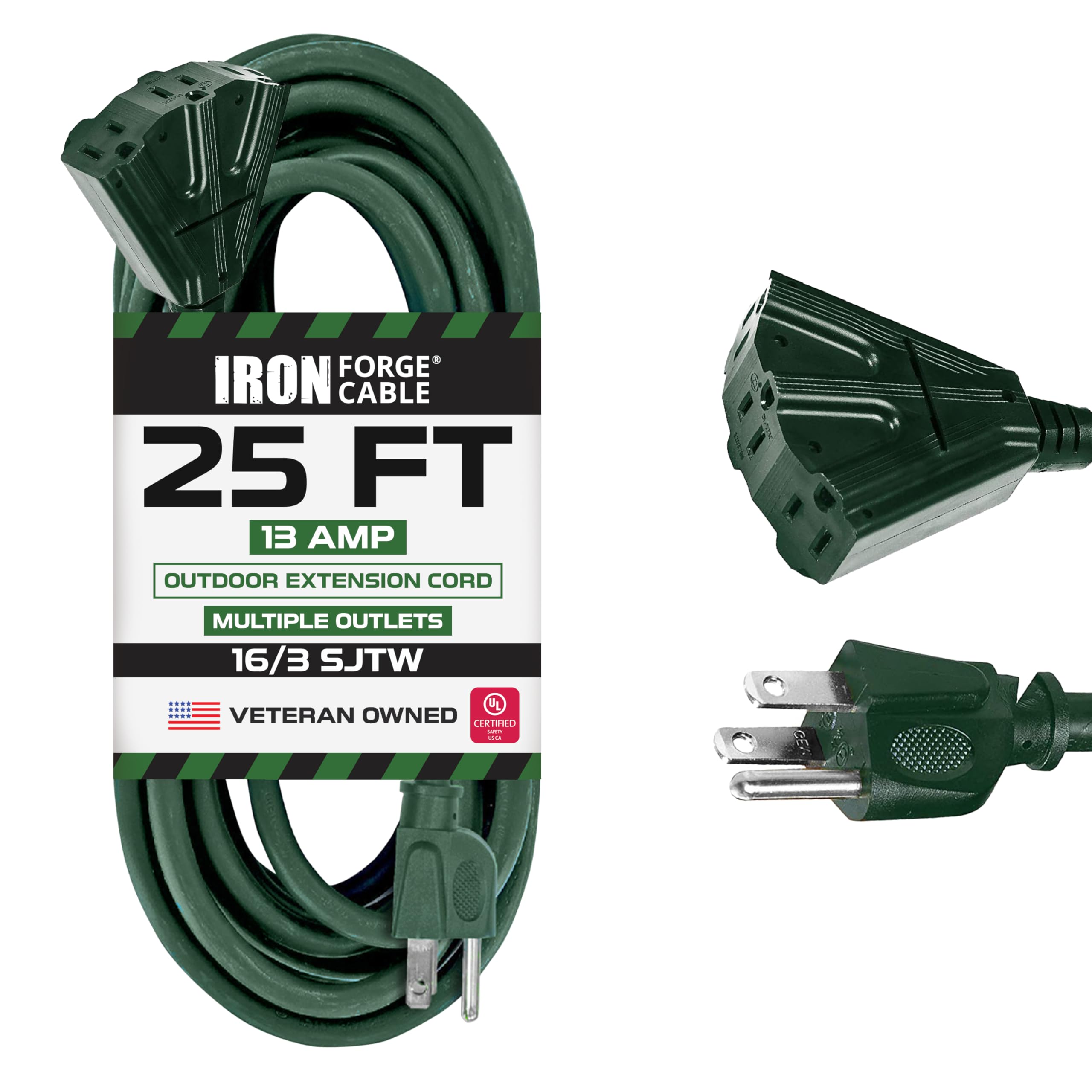 Iron Forge Cable 25 Foot Outdoor Extension Cord With 3 Electrical Power Outlets   16/3 Sjtw Durable Green Extension Cable With 3
