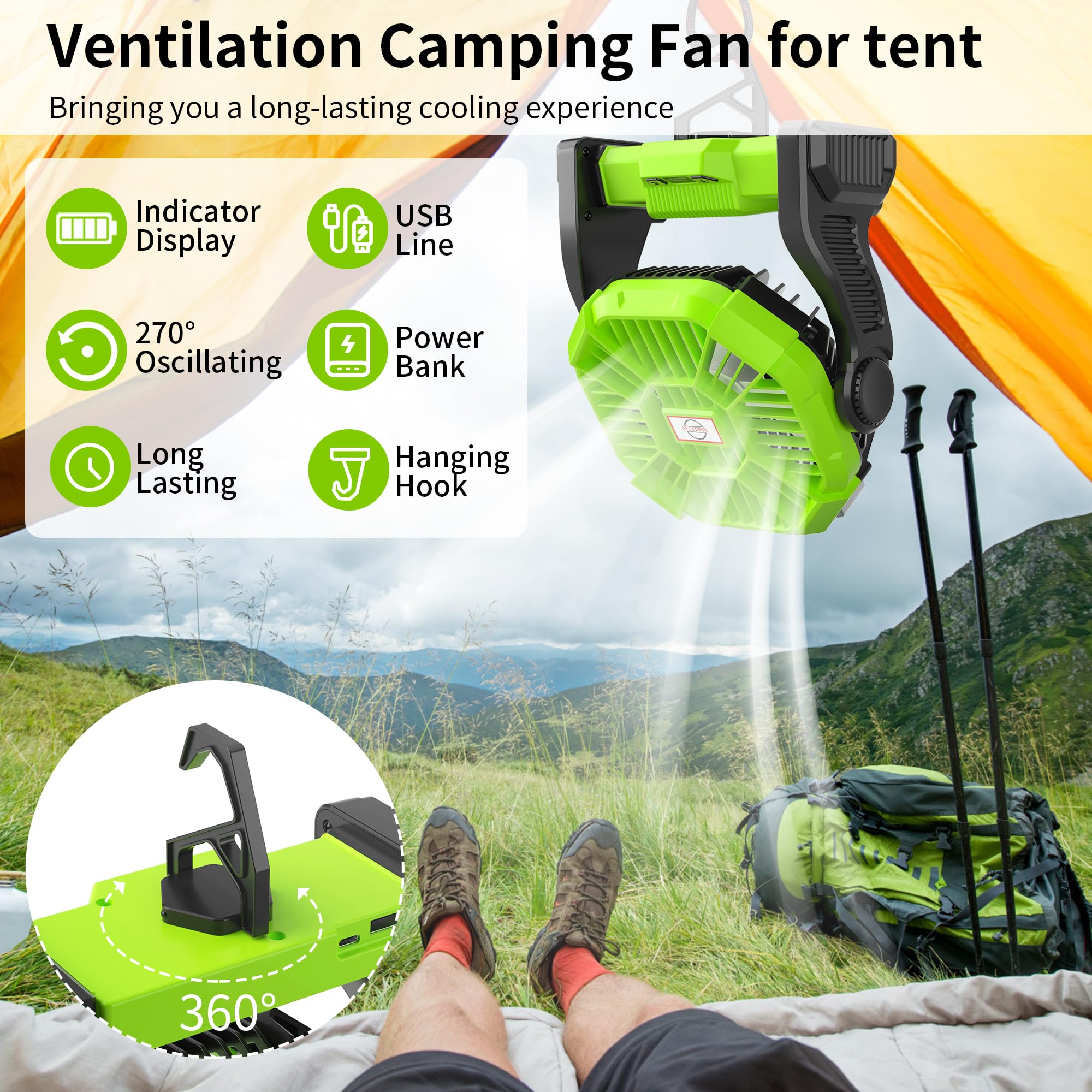 Tdlol Rechargeable Battery Powered Fan, 38H Portable Fan Rechargeable Camping Fan For Tents, 10In Outdoor Travel Fan With Light,