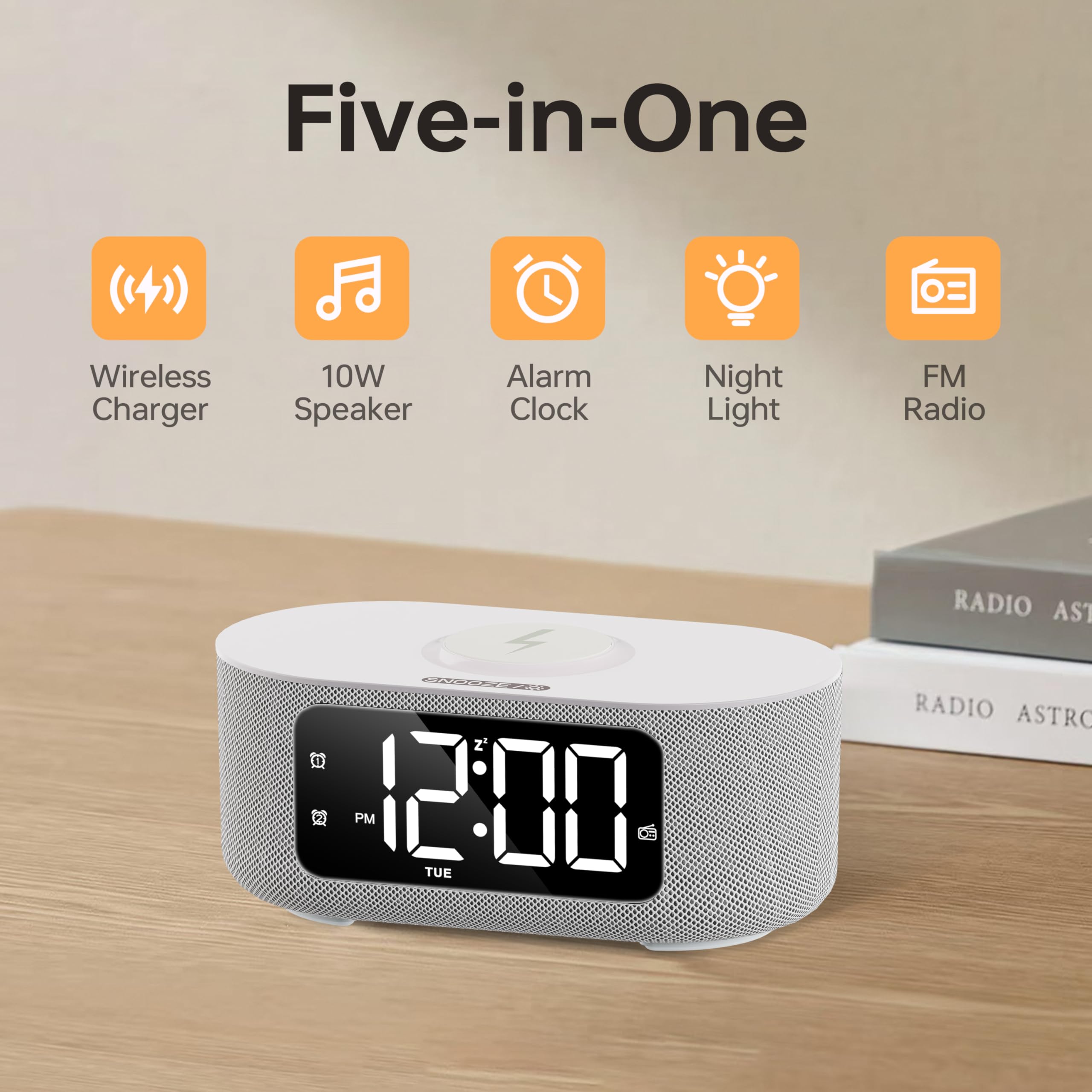 Jall Fabric Alarm Clock For Bedroom, With Big Led Screen Display, Bluetooth Stereo Sound Speaker, Fm Radio, Fast Wireless Chargi