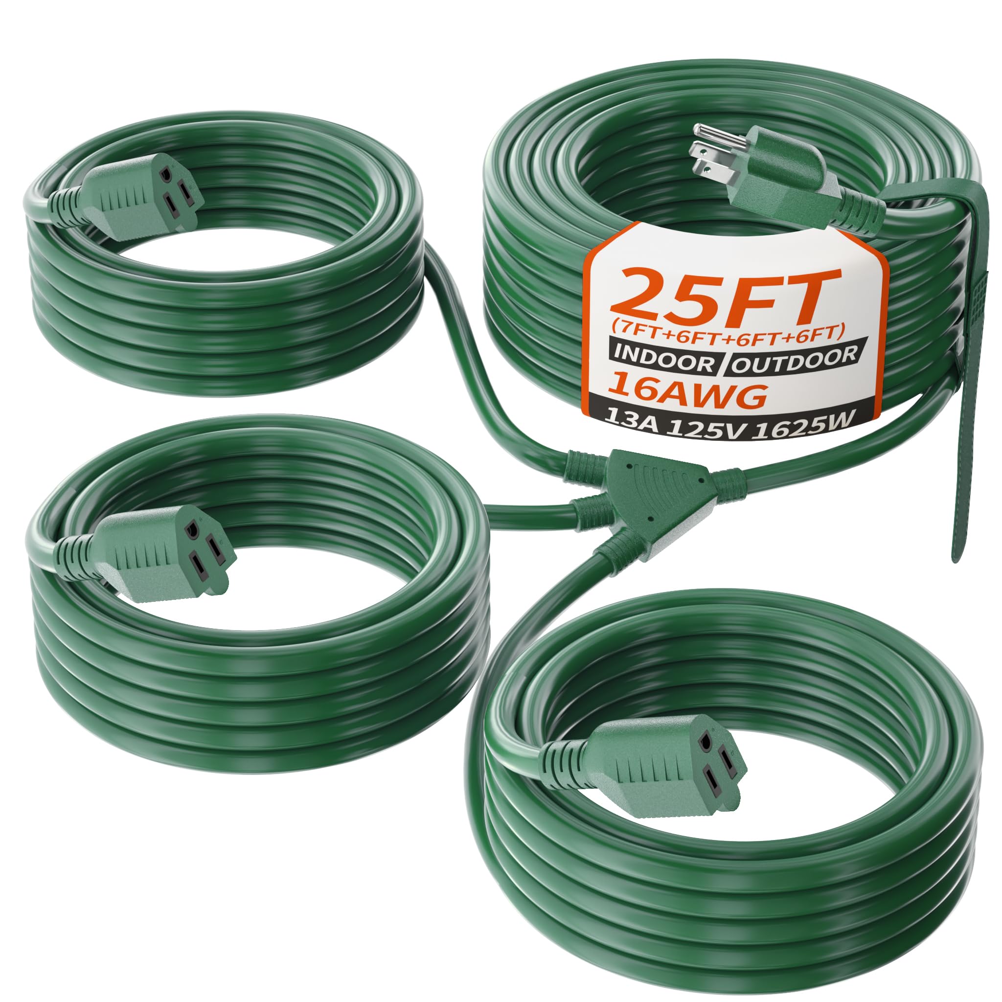 Plugsaf 1 To 3 Splitter Outdoor Extension Cord With Multiple Outlets; 25Ft Total (7+6+6+6) 13Ft End To End; 16/3 Sjtw Green Exte