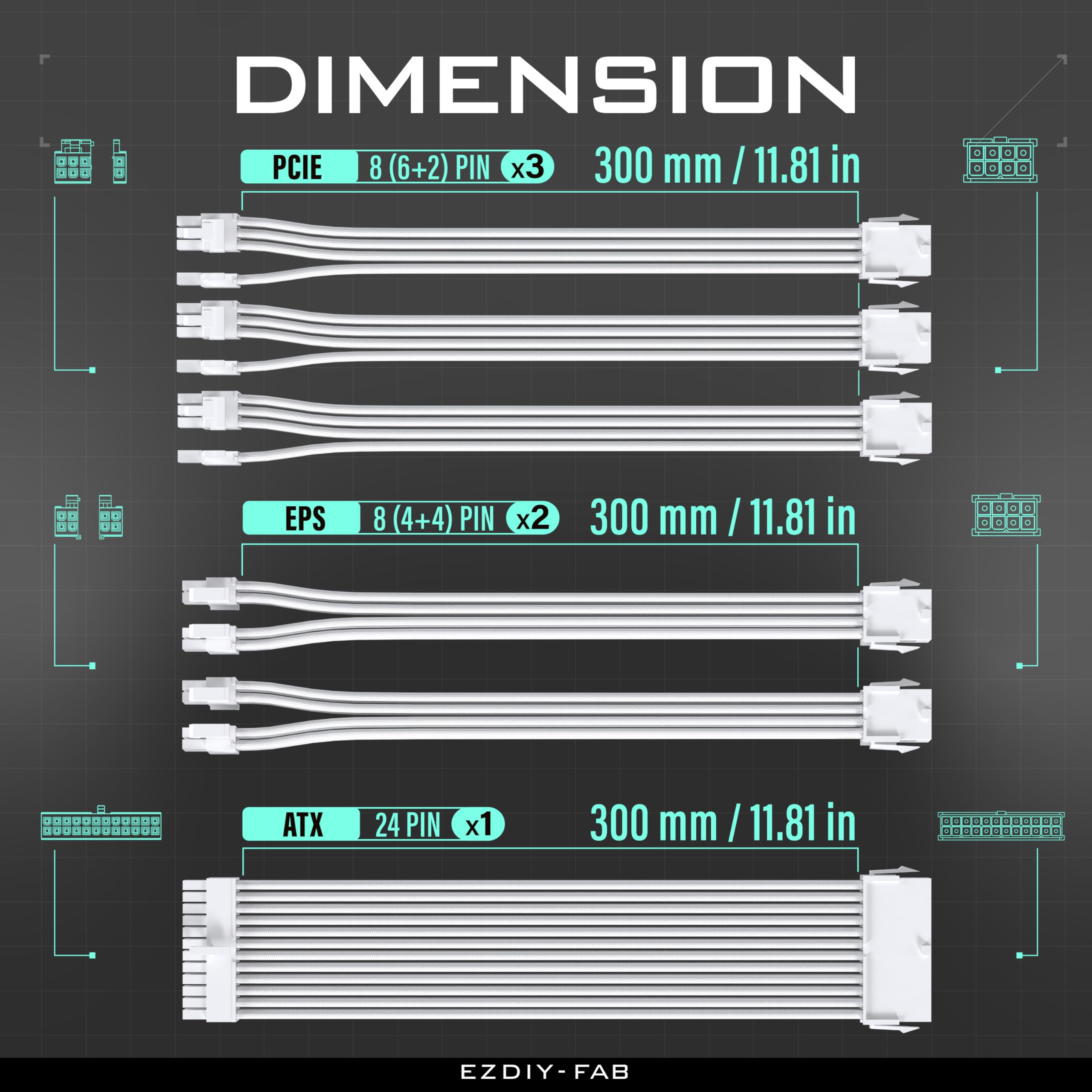 Ezdiy Fab Psu Cable Extension Sleeved Custom Mod Gpu Pc Power Supply Soft Nylon Braided With Comb Kit 24Pin/3X 8Pin To 6+2Pin/ 2