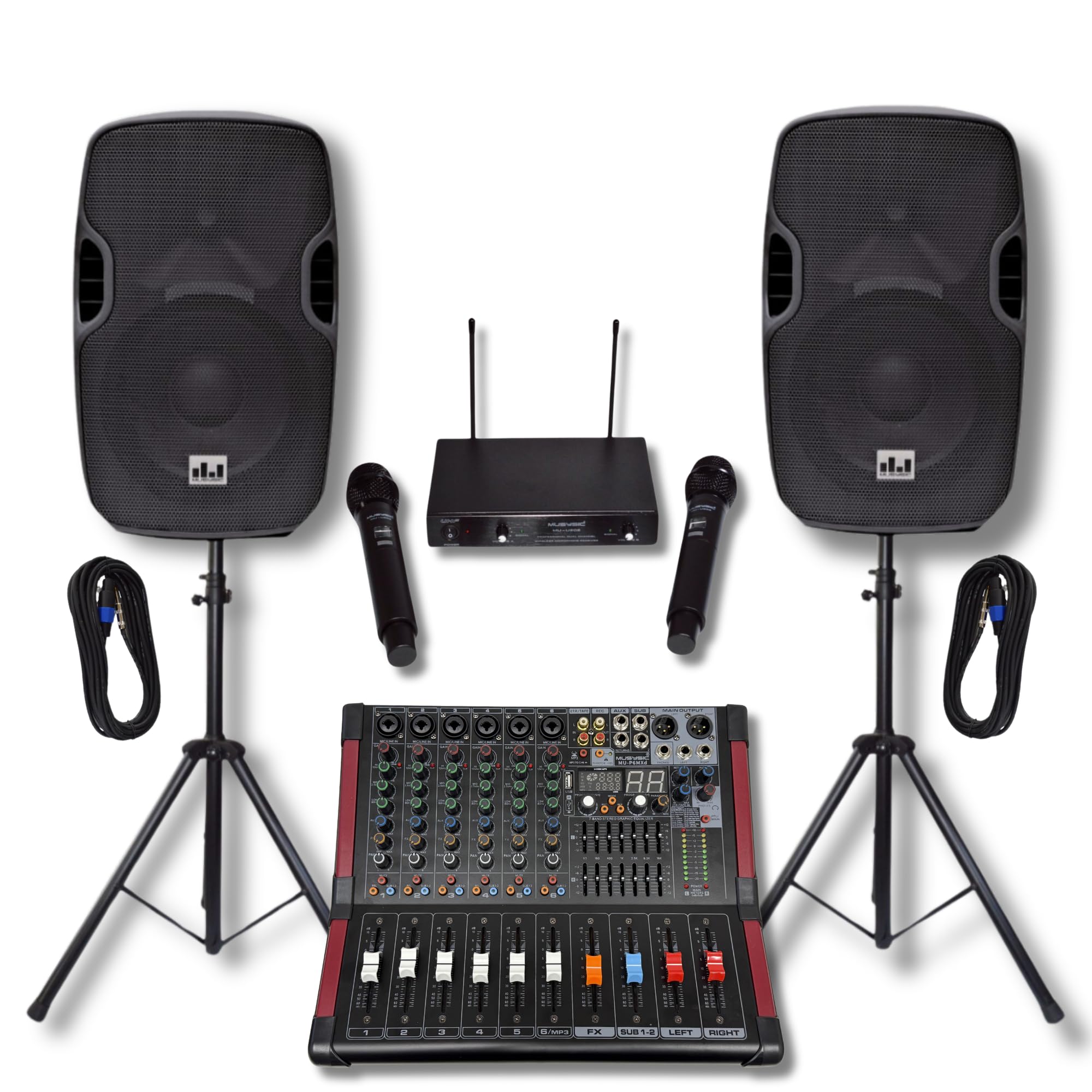 MUSYSIC Portable PA System with 2000W Amp & Wireless UHF Microphone System. 6 Ch Audio Mixer with Multiple Inputs. pa system wit