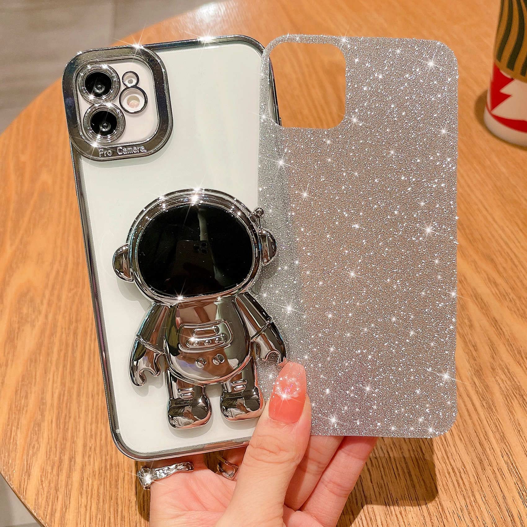 MGQILING iPhone 11 Bling Astronaut Hidden Stand Glitter Phone Case TPU Silver