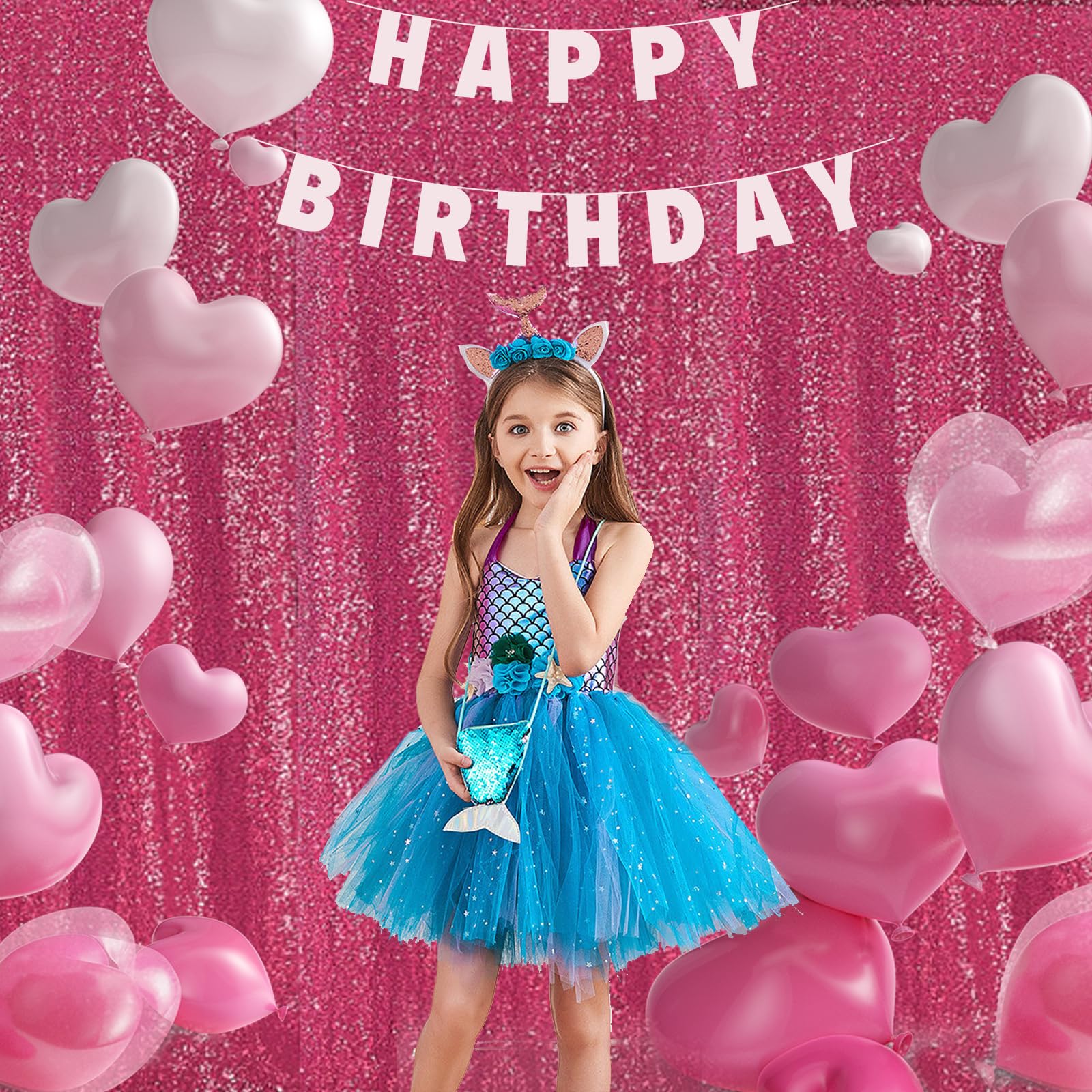 2  8Ft 2Pcs Hot Pink Sequin Backdrop Curtains Panels, Fuchsia Photography Backdrop Glitter Curtains Fabric Background For Christ