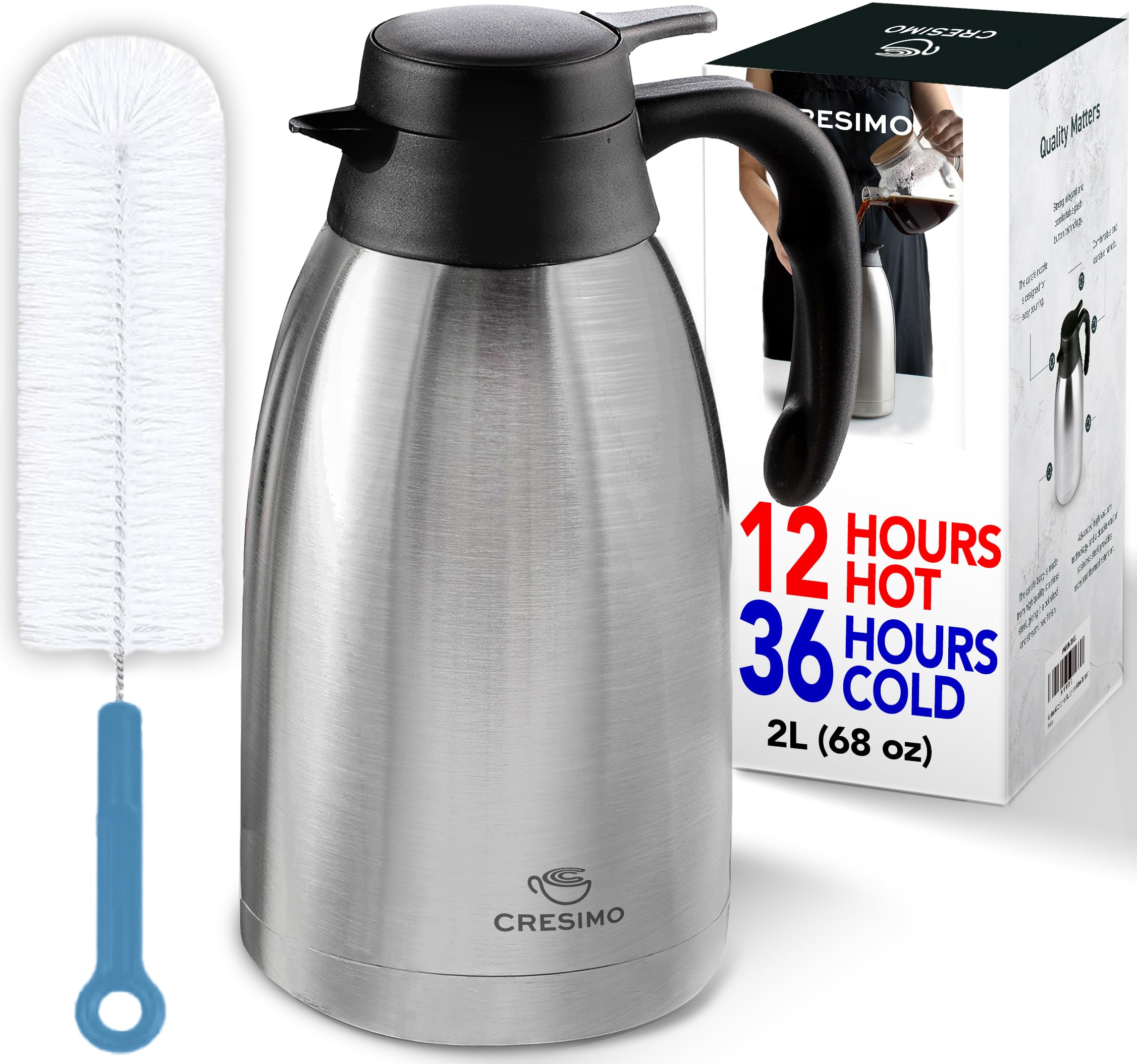 Thermal Coffee Carafe With Cleaning Brush   68 Oz / 2L Carafe, 24 Hours Cold Or Hot Water Dispenser, Carafe For Hot Liquids   St