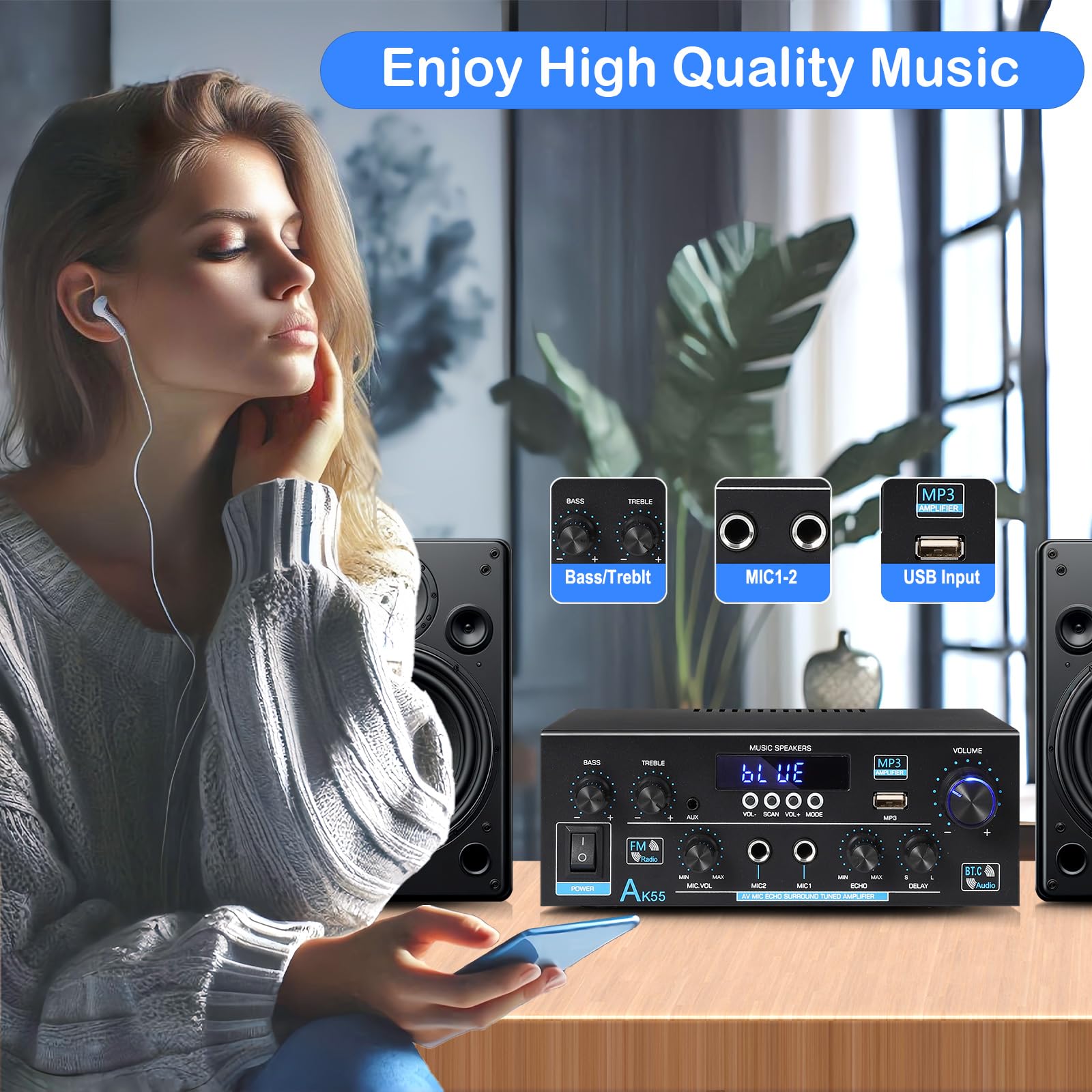 Ak55 Amplifier Home Audio Stereo Receiver With Bluetooth 5.0 Rated Power 70W X2 Mini Amp 2.0 Channel Hifi Stereo Amplifier For H