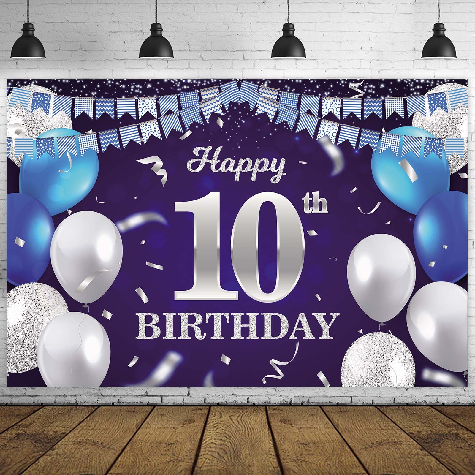 Happy 70Th Birthday Banner Backdrop Navy Blue Balloons Confetti Stripe Flag Light Spots Cheers To 70 Years Old Theme Decorations