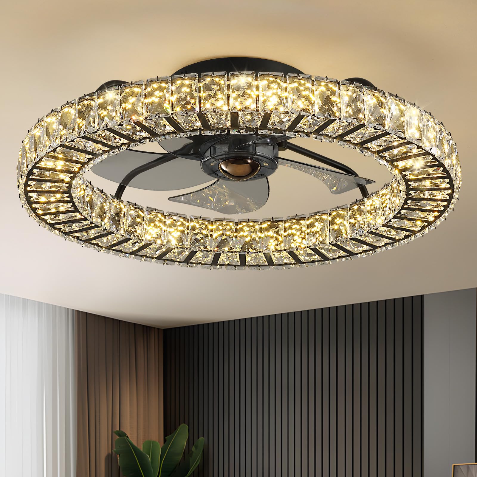 LUDOMIDE Flush Mount Ceiling Fan with Light, 22 Modern Crystal Chandelier Ceiling Fan with Smart 4-Light Color Change, Dimmable 