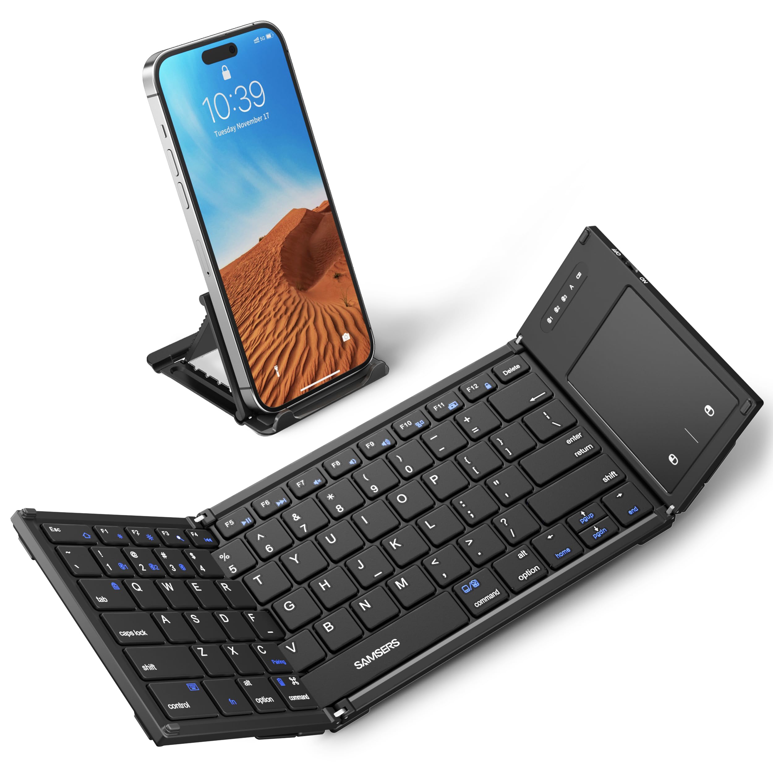 Samsers Foldable Bluetooth Keyboard With Touchpad, Full Size Wireless Folding Keyboard With Holder, Rechargeable Portable Travel