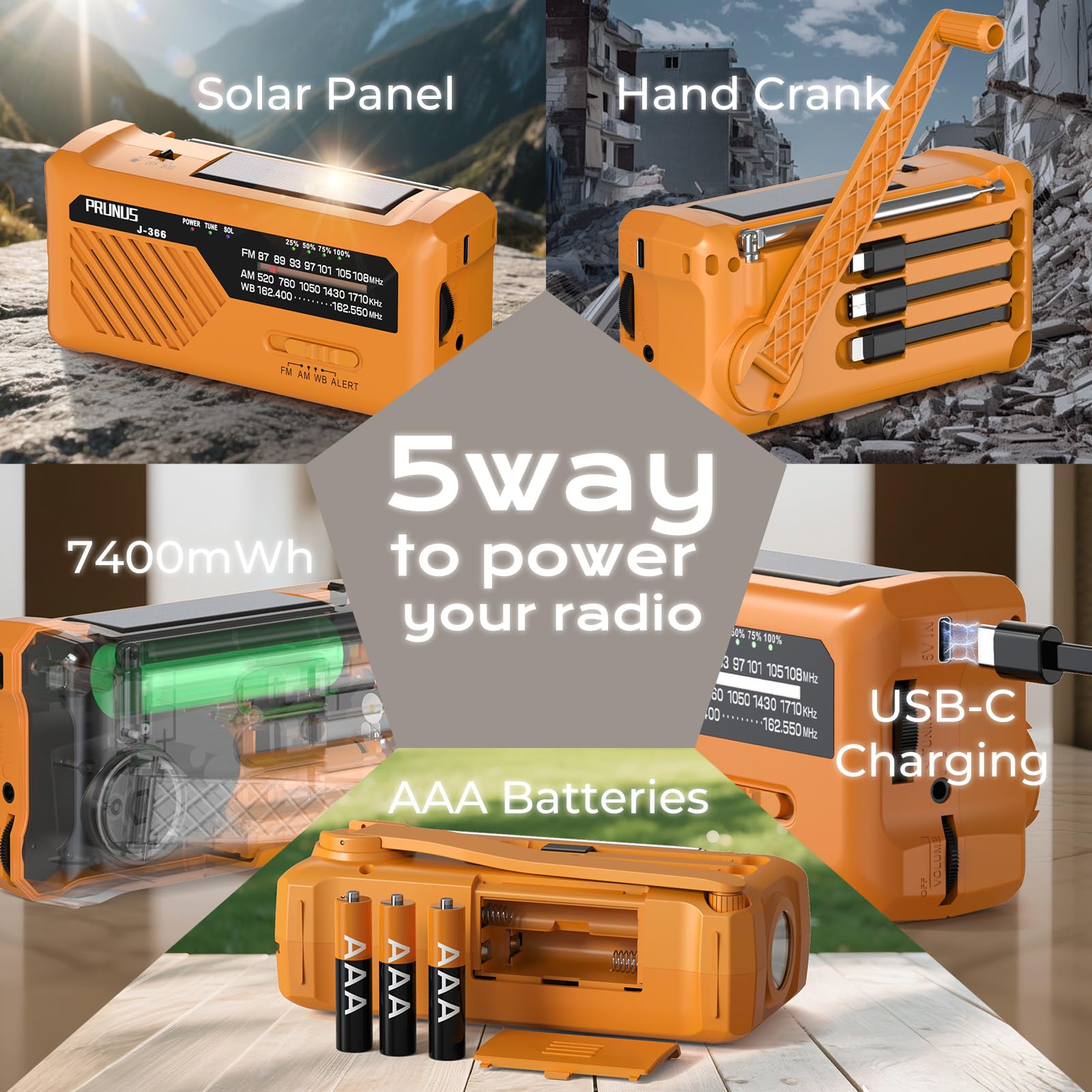 Prunus J-366 Emergency Radio- Noaa Weather Alert, 3-In-1 Charging Cables, 5-Way Power(7400Mwh/Aaa Battery/Hand Crank/Solar/Usb-C