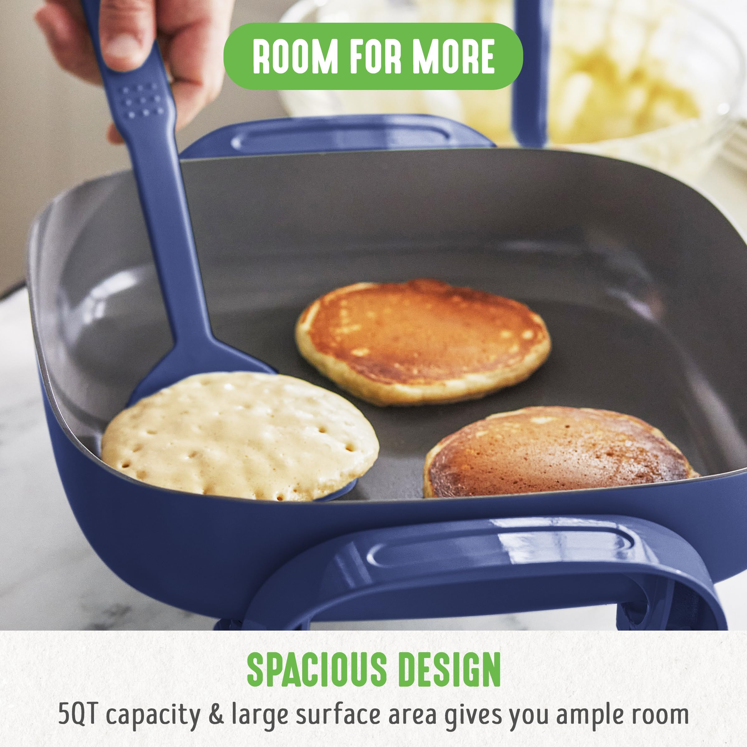 Greenlife 12'' 5Qt Square Electric Skillet, Glass Vented Lid, Ceramic Pfas Free Nonstick Coated Interior, Adjustable Temperature