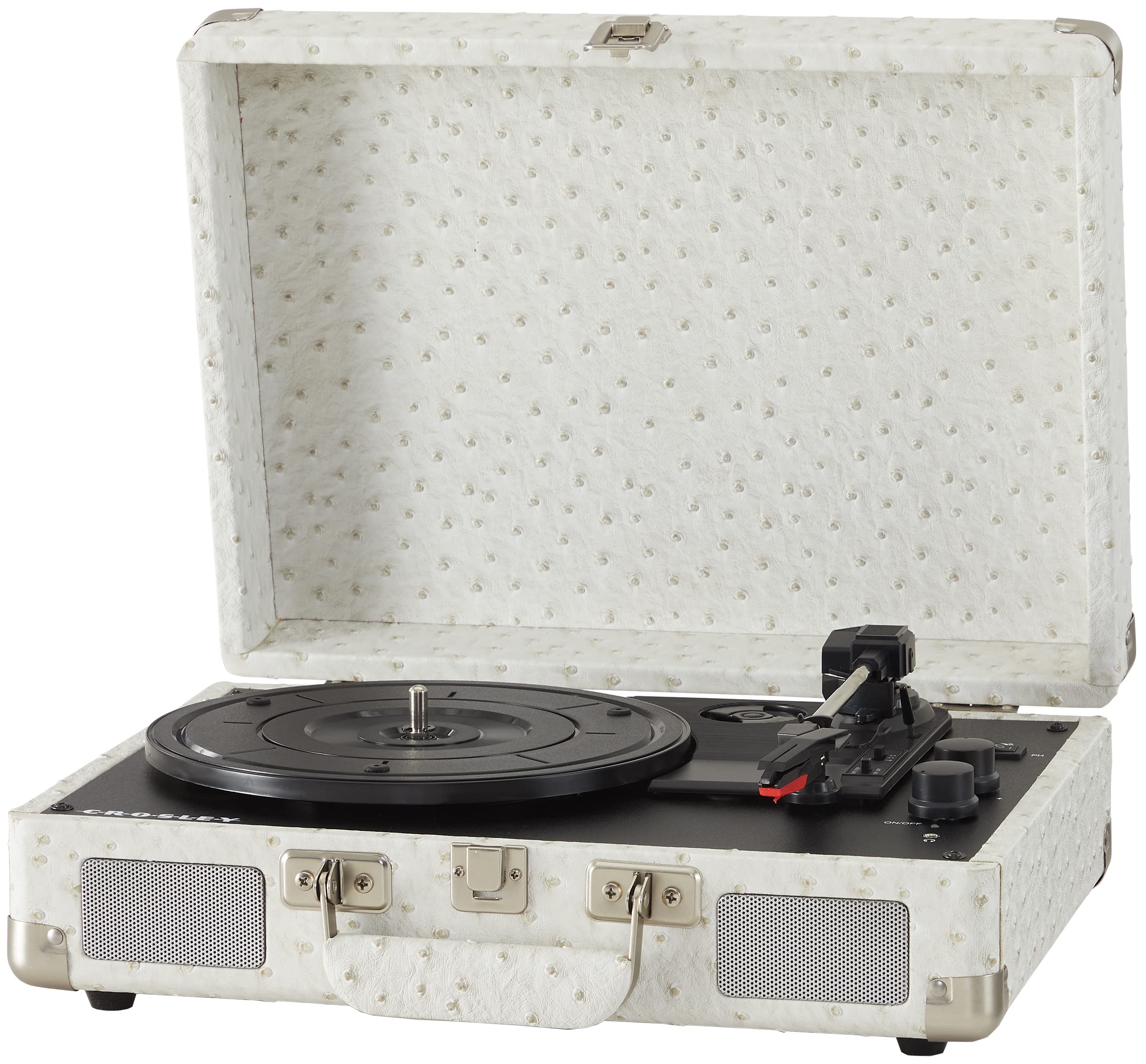 Crosley Cr8005F Wo Cruiser Plus Vintage 3 Speed Bluetooth In/Out Suitcase Vinyl Record Player Turntable, White Ostrich