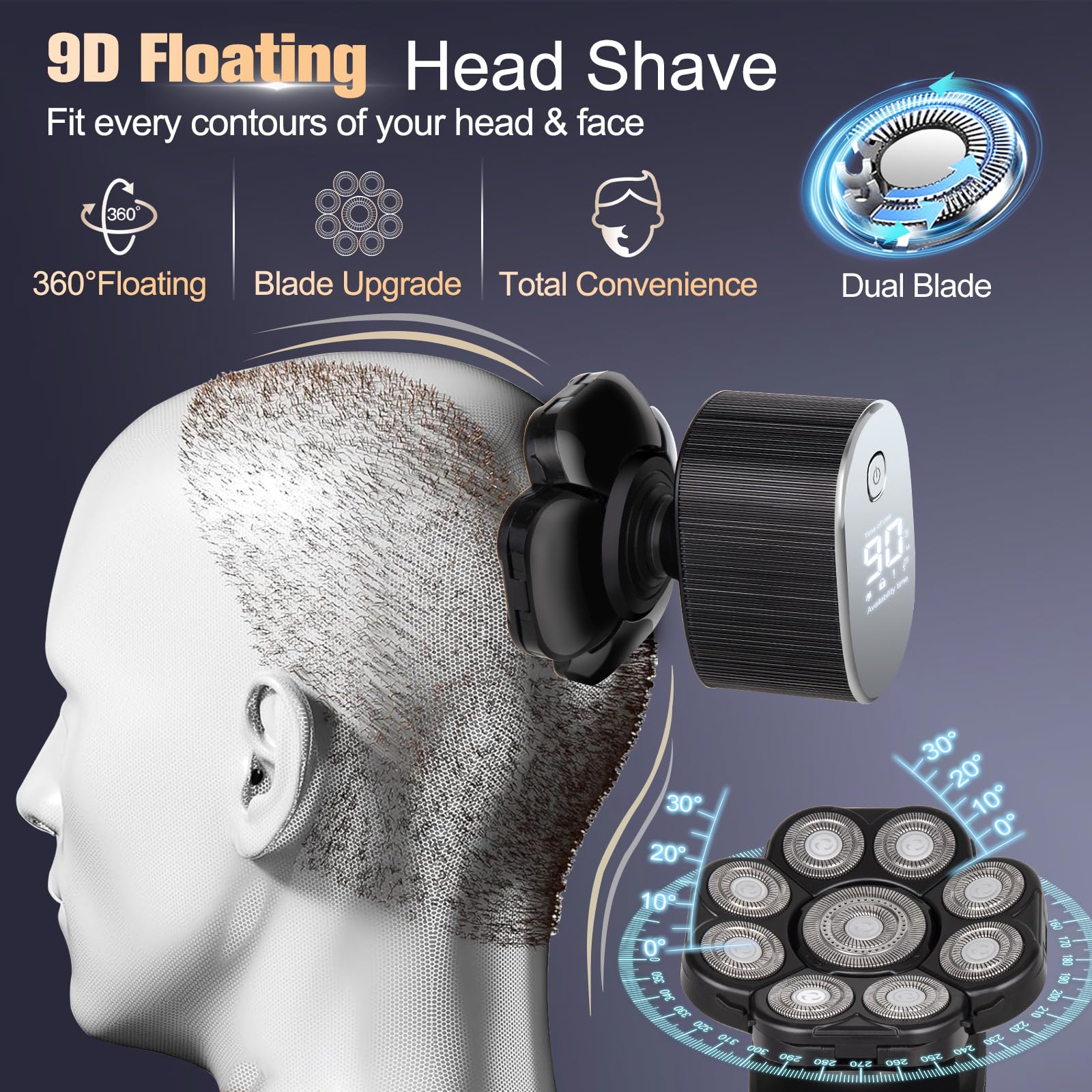 9D Head Shavers For Bald Men, Detachable Bald Head Shavers For Men, 5 In 1 Mens Grooming Kit,Wet/Dry Led Display,Travel Lockcord