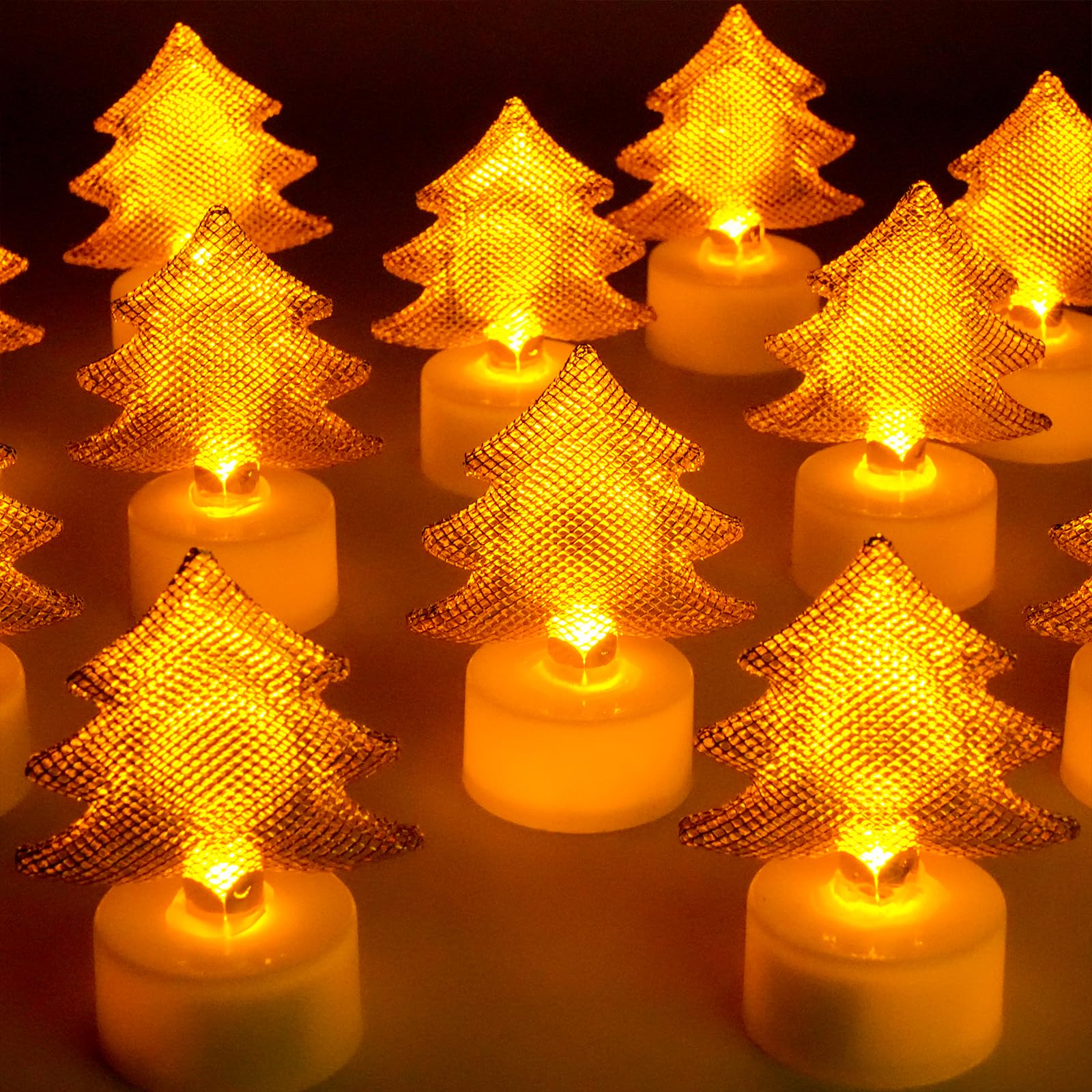 HAIDOLIANG 12PCS Christmas Tree Tea Lights Candles(Ironwork), LED Flameless Candles Battery Operated for Holiday Gifts, Led MINI