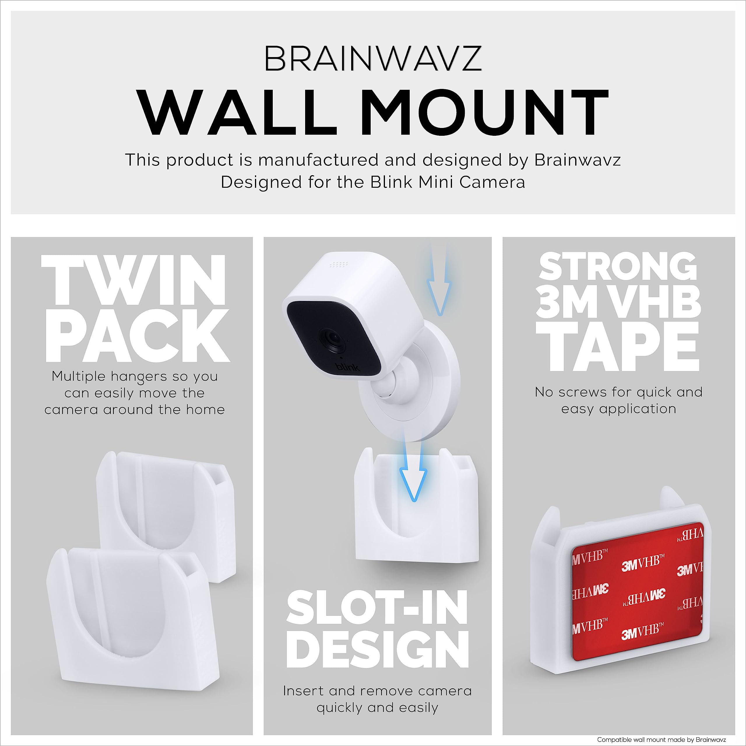 Brainwavz Adhesive Wall Mount For Blink Mini Camera, 2 Pack, No Hassle Holder, Strong 3M Vhb Tape, No Screws, No Mess Install, B
