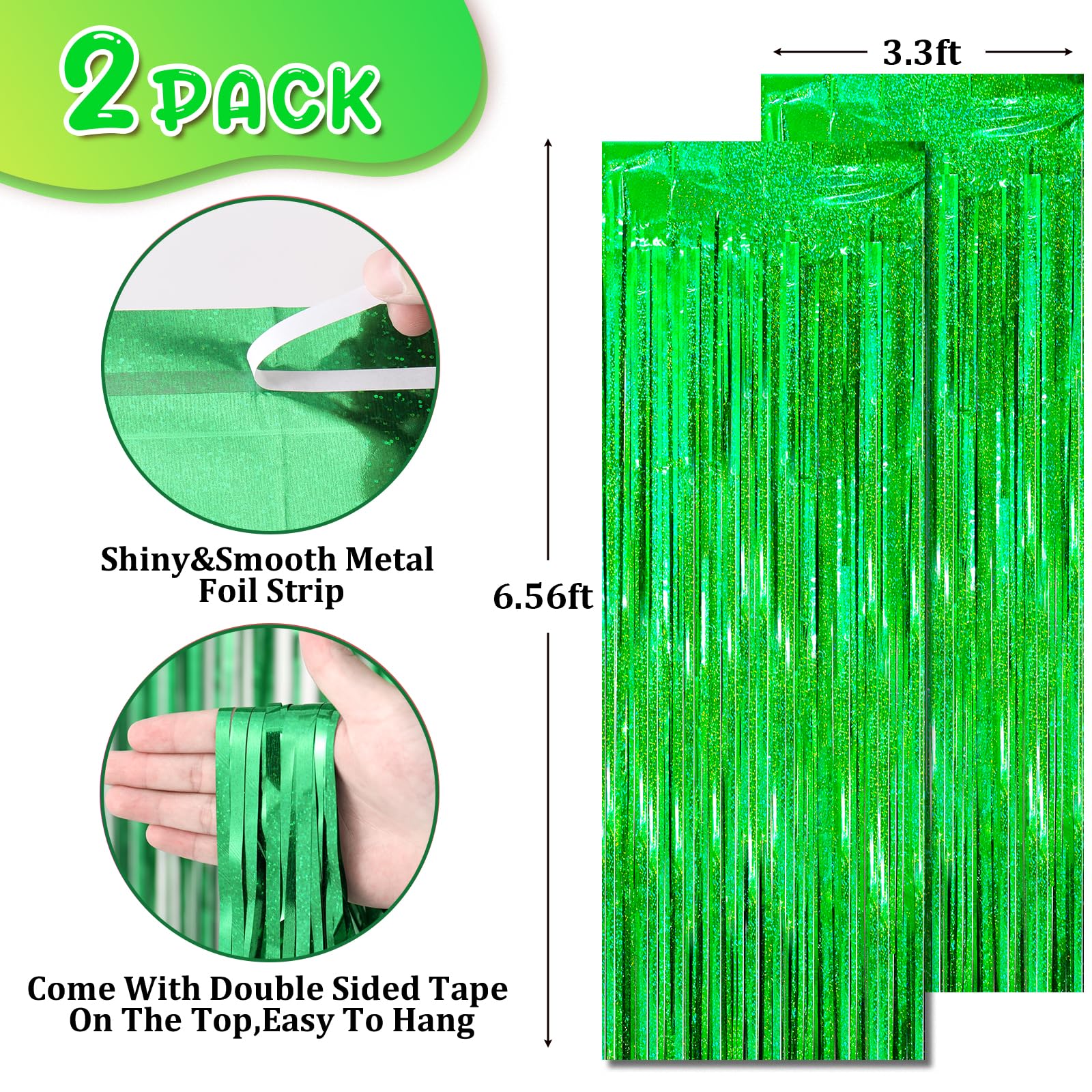 Voircoloria 2 Pack Laser Green Tinsel Foil Fringe Curtains, Green Party Decorations, Metallic Tinsel Party Streamers Backdrop Fo
