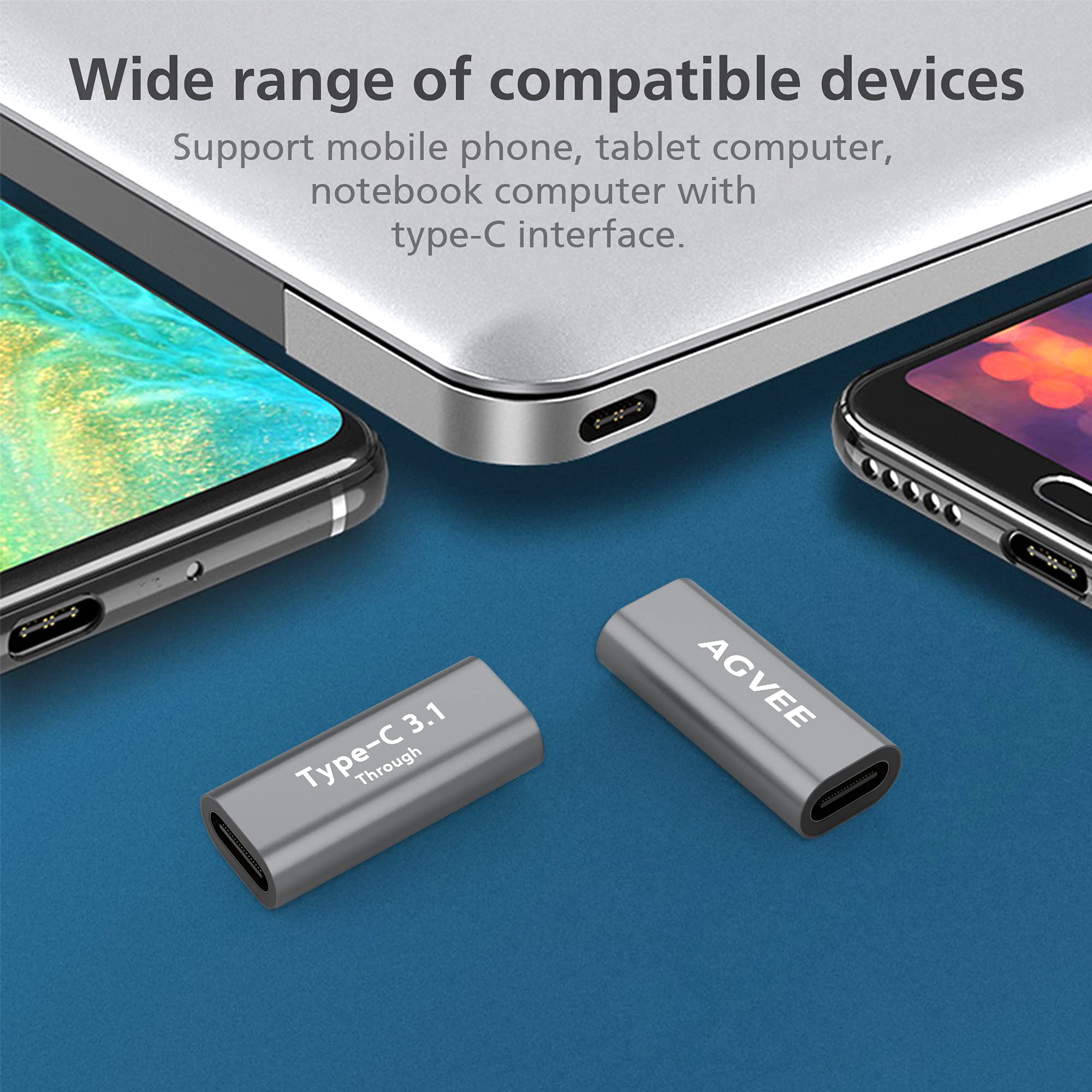 Agvee 4 Pack Usb-C Female To Female Bidirectional Adapter, Pd 100W Usb 3.2 Gen 2, Type-C Usbc 10G Data Coupler Extender Extensio