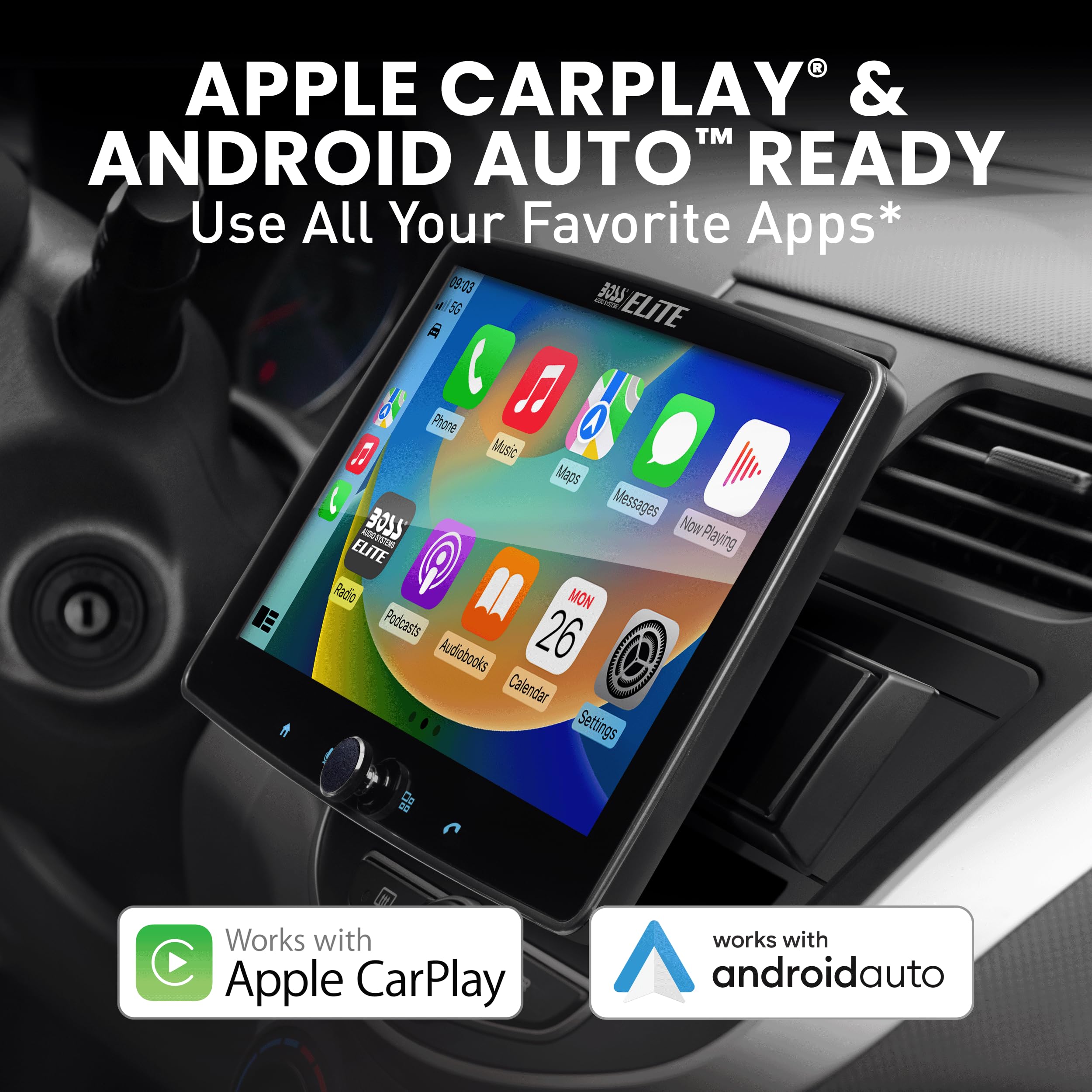 Boss Audio Systems Elite Be10Acp Car Stereo System, Apple Carplay, Android Auto, 10.1 Inch Single Din, Touchscreen, Double Din C