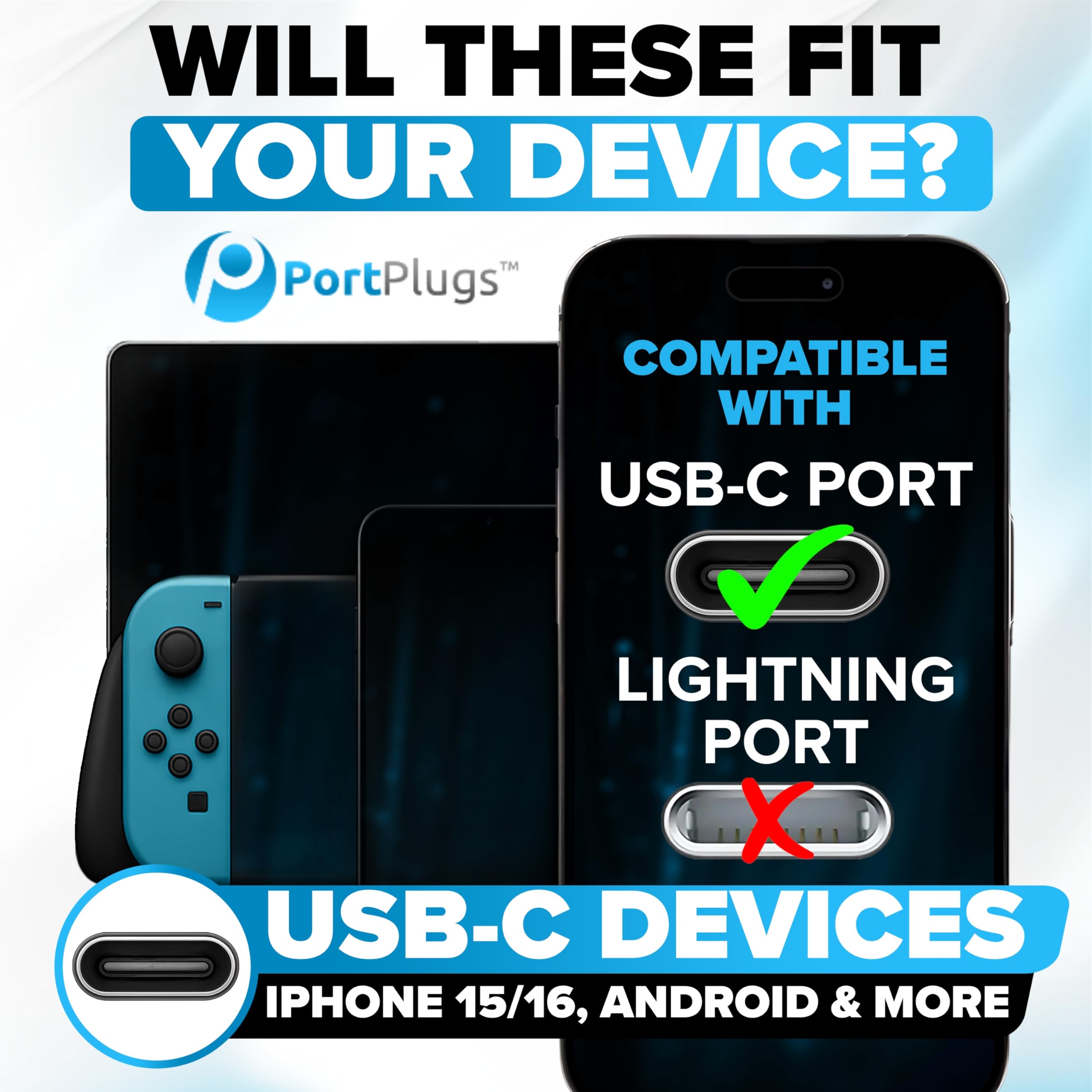 Portplugs Usb-C Dust Plugs Compatible With Iphone 17, 16, Galaxy S25-S10, Pixel, Steam Deck, Ipad, Switch & More - Includes Clea