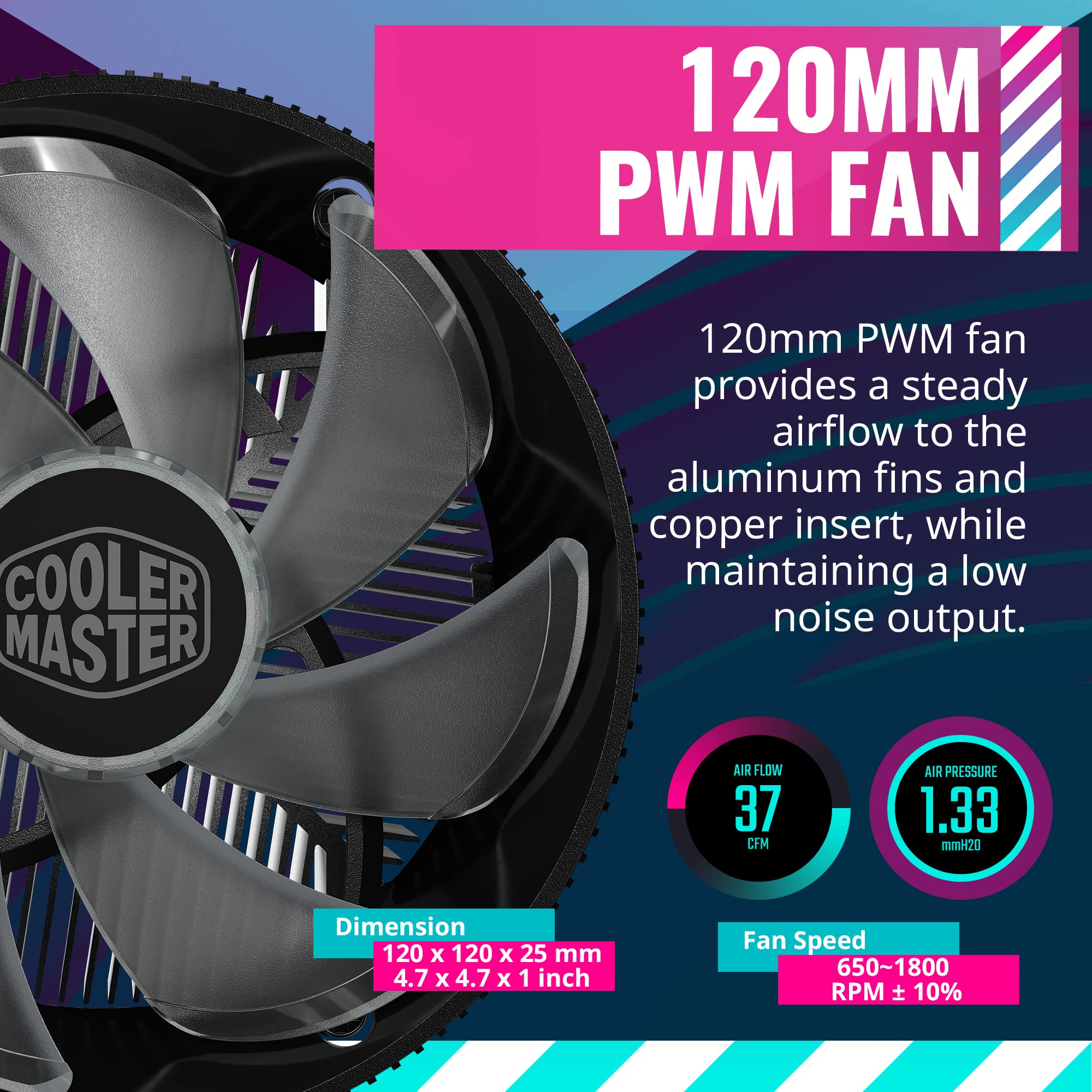 Cooler Master I71C Rgb Intel Low-Profile Cpu Air Cooler, Anodized Black Aluminum Fins, Copper Insert Base, Mf120 Rgb Lighting Fa