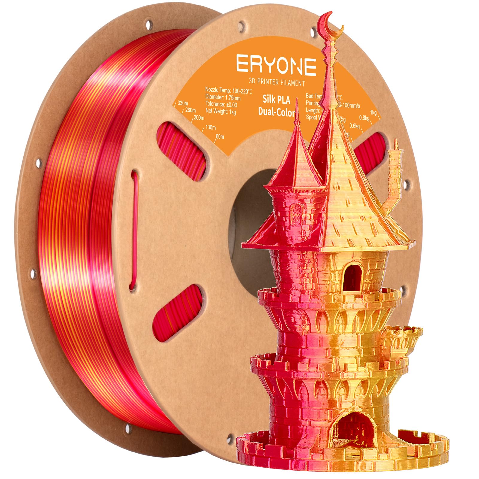ERYONE Silk Dual Color PLA Filament 3D Printer 1.75mm +/- 0.03mm, Bicolor Filament Two Tone PLA 1KG(2.2lbs) Cardboard Spool, Red