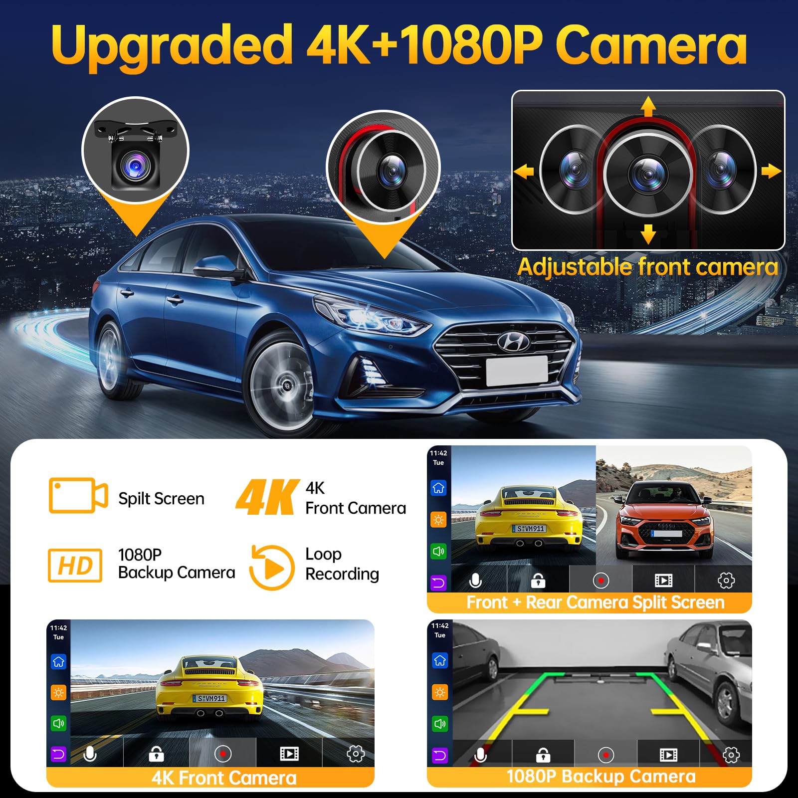 9'' Wireless Apple Carplay Android Auto Screen   4K Dash Cam, Gps Navigation, Hd Touchscreen, Airplay, 1080P Backup Camera, Car