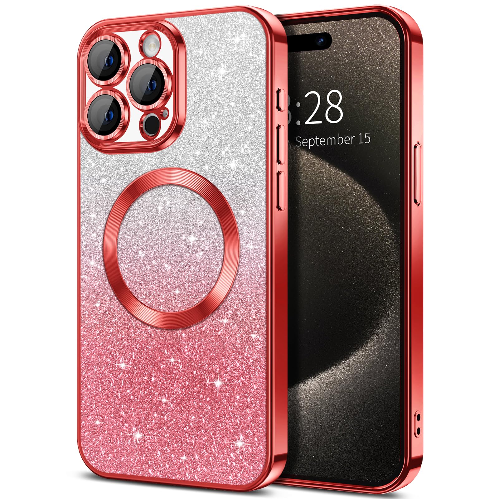 Hython For Iphone 15 Pro Case Clear Magnetic Glitter Phone Cases [Compatible With Magsafe] Full Camera Lens Protector Slim Gradi