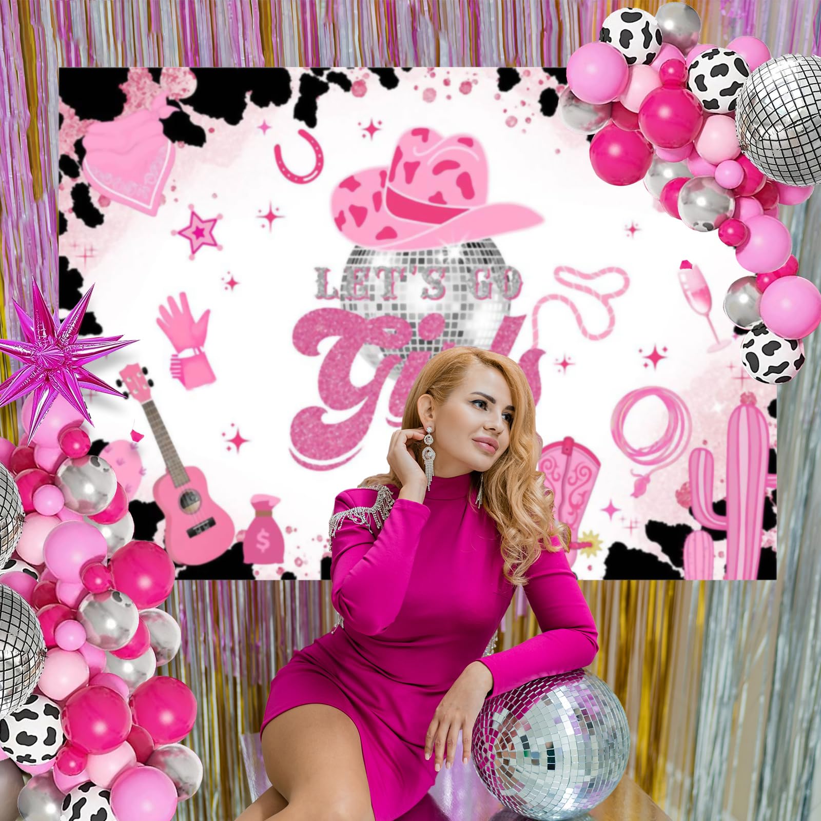 Mocsicka Disco Cowgirl Backdrop Pink Space Let'S Go Girls Birthday Banner Bachelorette Weekend Last Rodeo Let'S Get Nashty Wetse