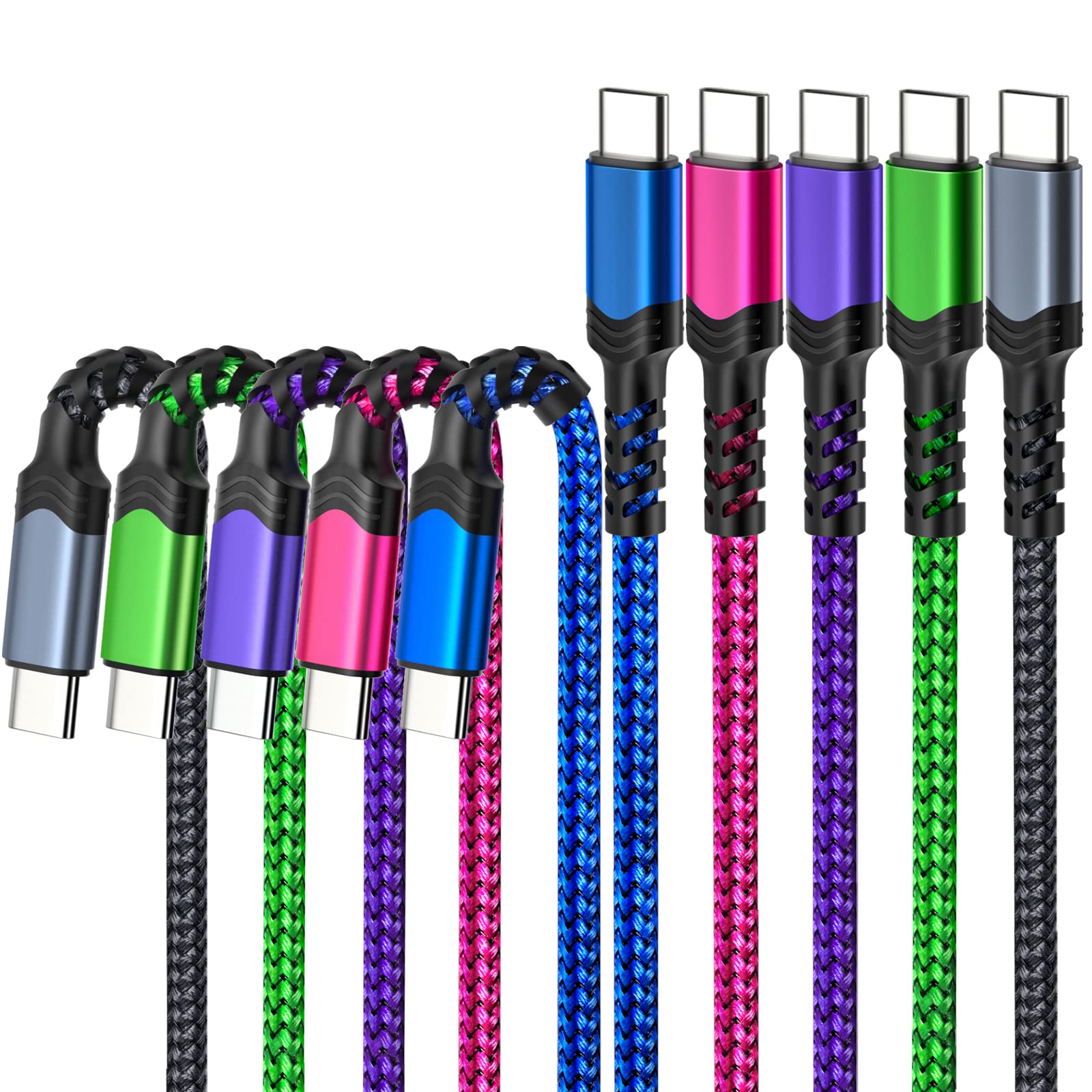 Besgoods Usb C To Usb C Cable 60W, [6Ft,5Pack] Braided Type C Fast Charging Cord Compatible With Iphone 16 15 Pro Max Macbook Ipad Air5 Galaxy S23 Ultra S22 S21Fe A54 Green,Purple,Pink,Blue,Black