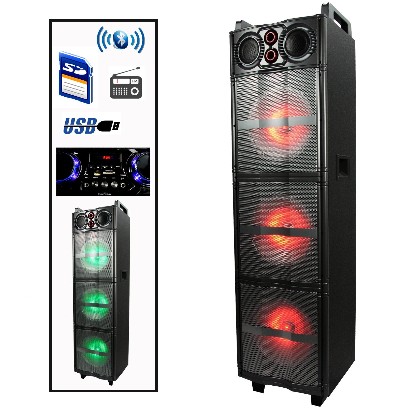 beFree Sound Party Lights Triple 10 Inch Subwoofers Bluetooth Portable Speaker with USB/SD Input, FM Radio, Remote Control and M