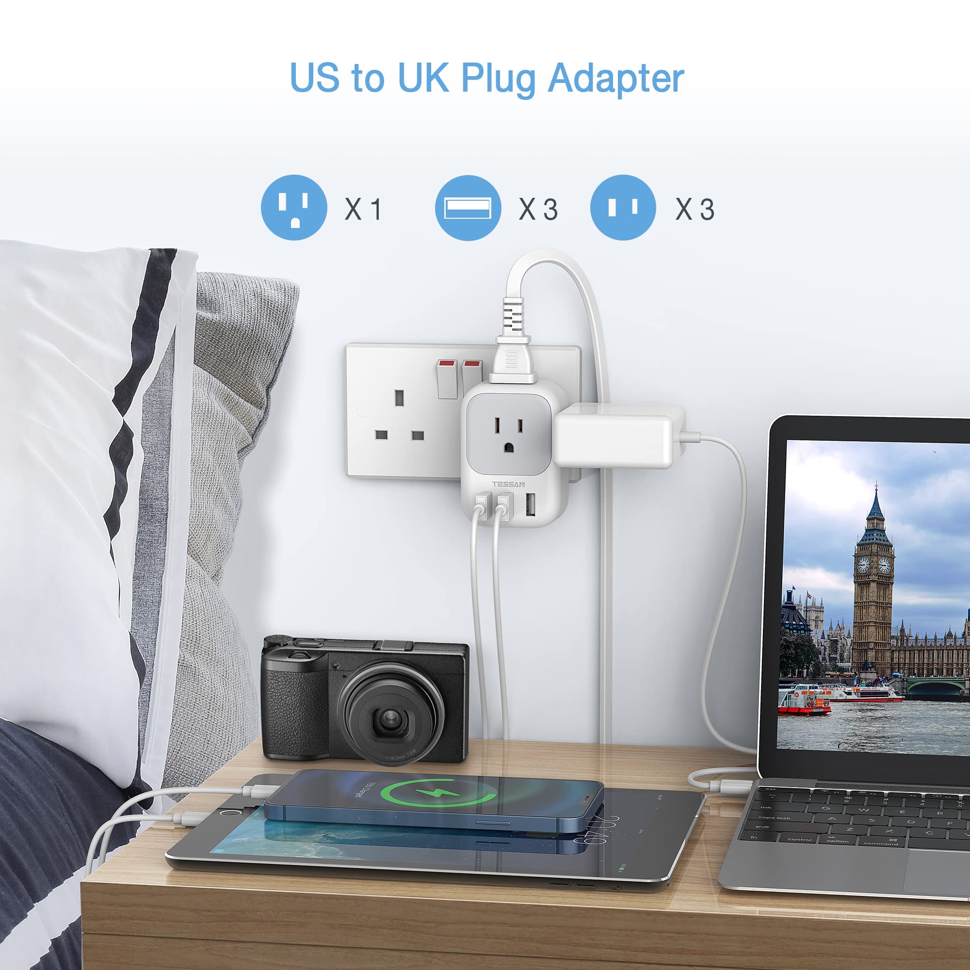 Us To Uk Plug Adapter, Tessan Type G Ireland Travel Adaptor With 4 Electrical Outlet 3 Usb Charger, Usa To England Scotland Lond