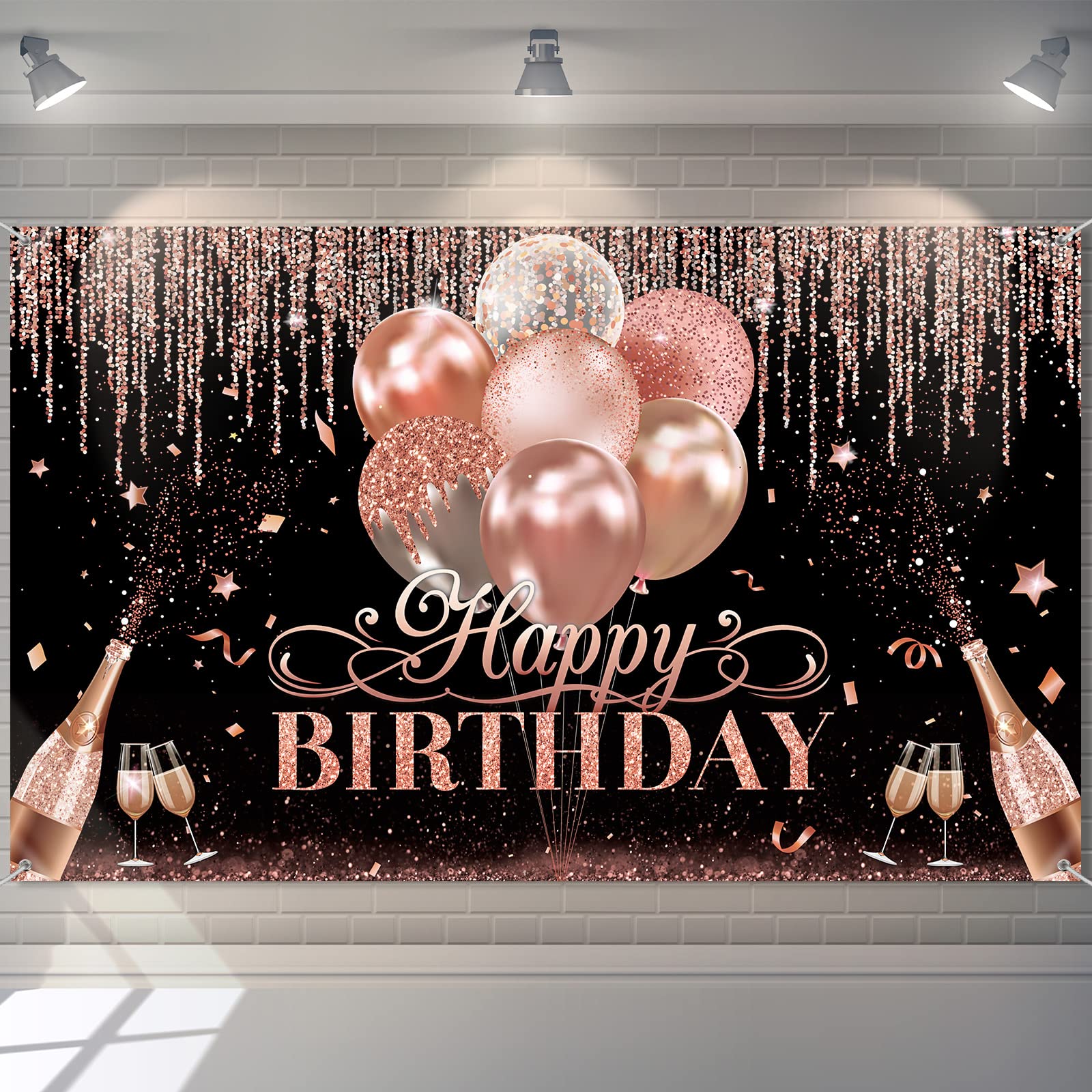 Black Silver Rose Gold Happy Birthday Party Decorations Supplies Glitter Balloon Birthday Party Backdrop For Women Girls Happy B
