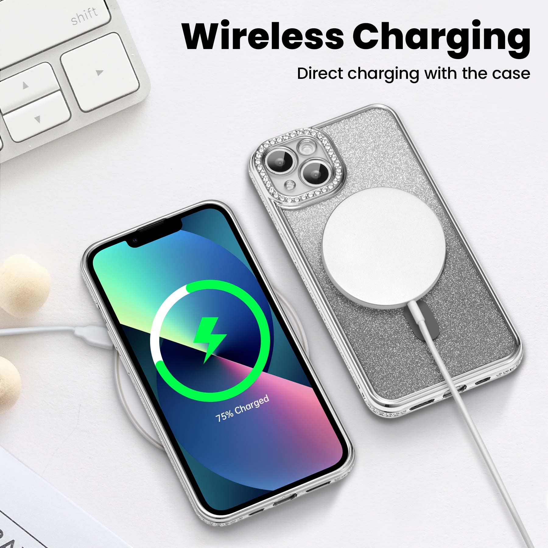 Zcdaye Case For Iphone 13 Pro Max With Diamond Decorated, Iphone 13 Pro Max Phone Case Compatible With Wirless Charging, Silver