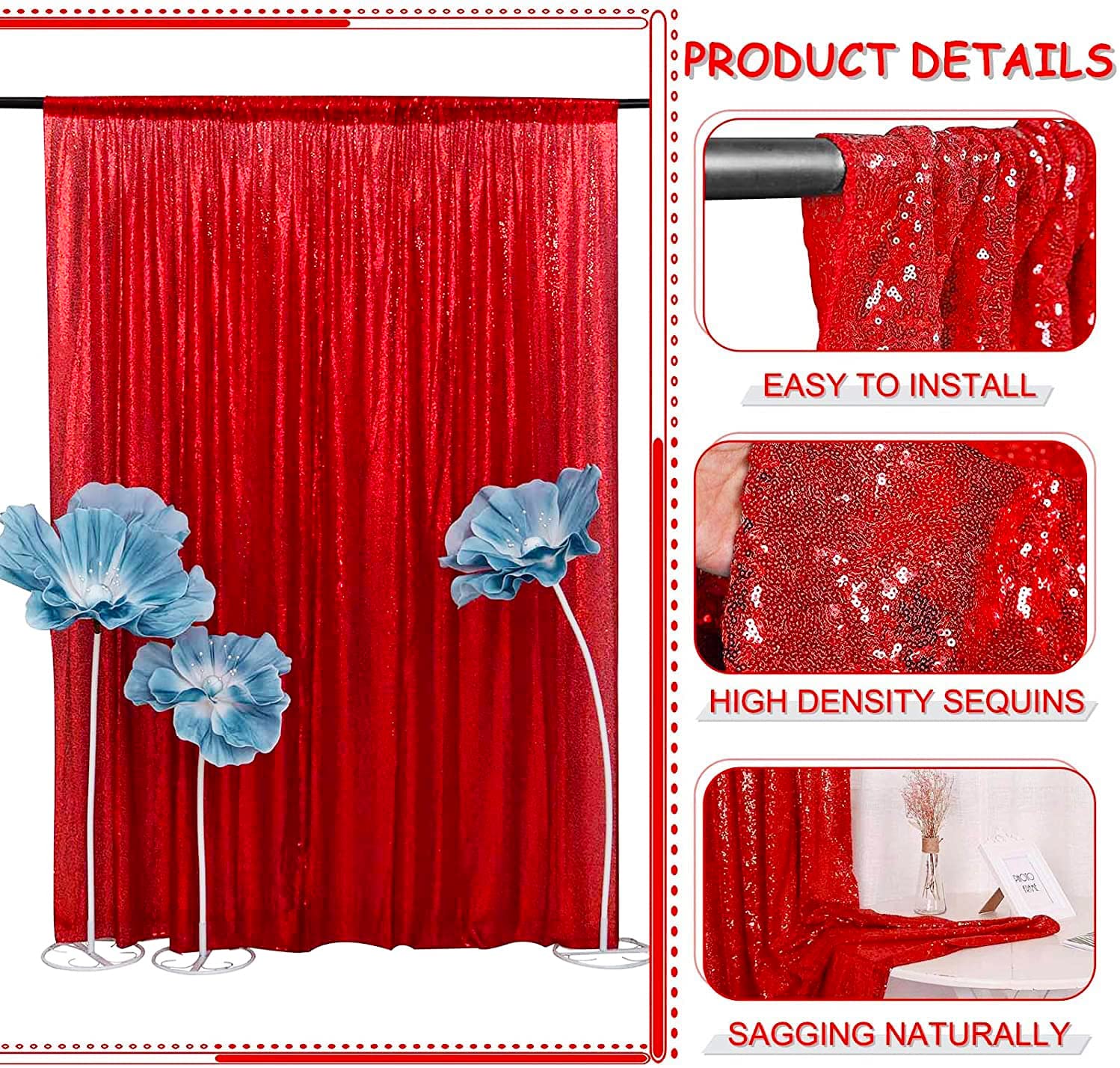 Tcbesto Red Sequin Backdrop Curtains Glitter Drapes 2Ftx8F 2 Panels For Wedding Birthday Party Decorations Bridal Baby Shower Pa
