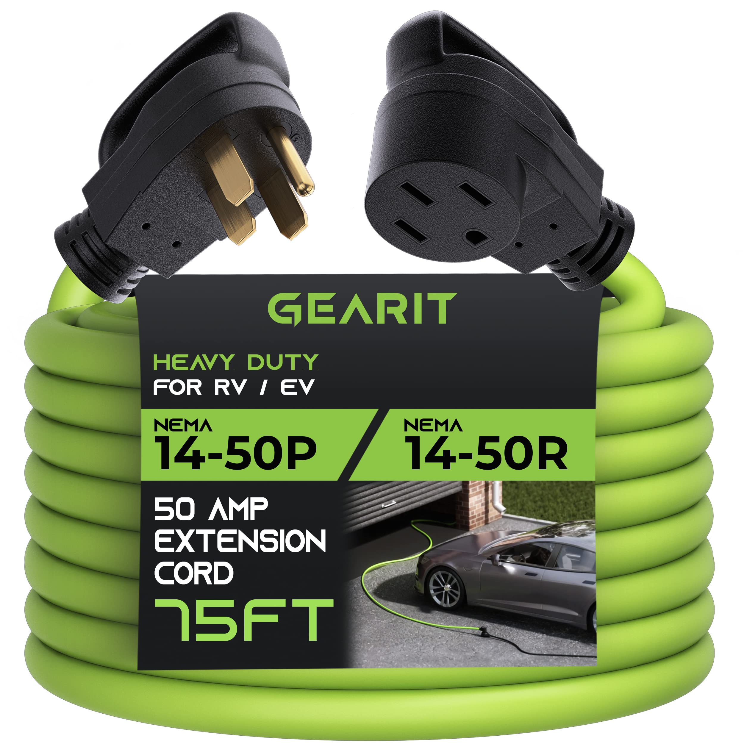 Gearit 50 Amp Extension Cord For Rv And Ev (75 Ft) 4 Prong 250 Volt, Tesla Model 3/S/X/Y, Nema 14 50P To 14 50R 6/3, 8/1 Stw Awg