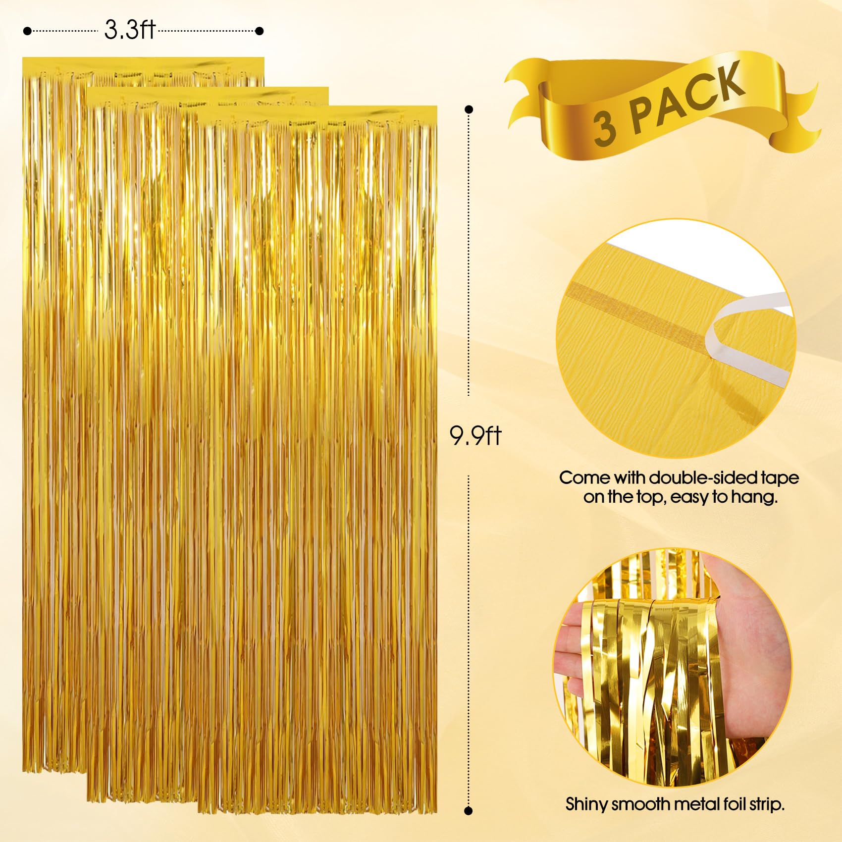 Birthday Party Decorations: 3 Pack 3.3 X 9.9 Ft Gold Foil Fringe Curtains Party Supplies, Tinsel Curtain Backdrop For Parties/Bi