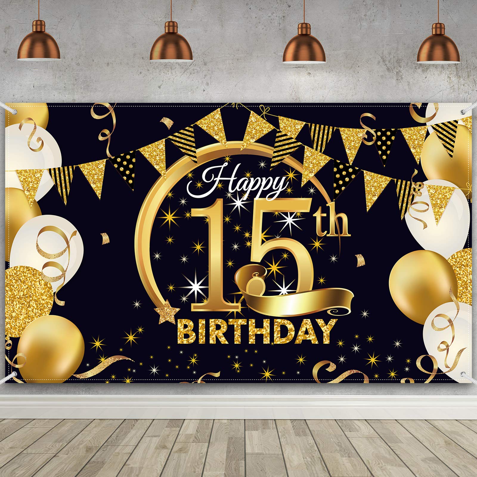 15Th Birthday Party Decoration, Extra Large Fabric Black Gold Sign Poster For 15Th Anniversary Photo Booth Backdrop Background B