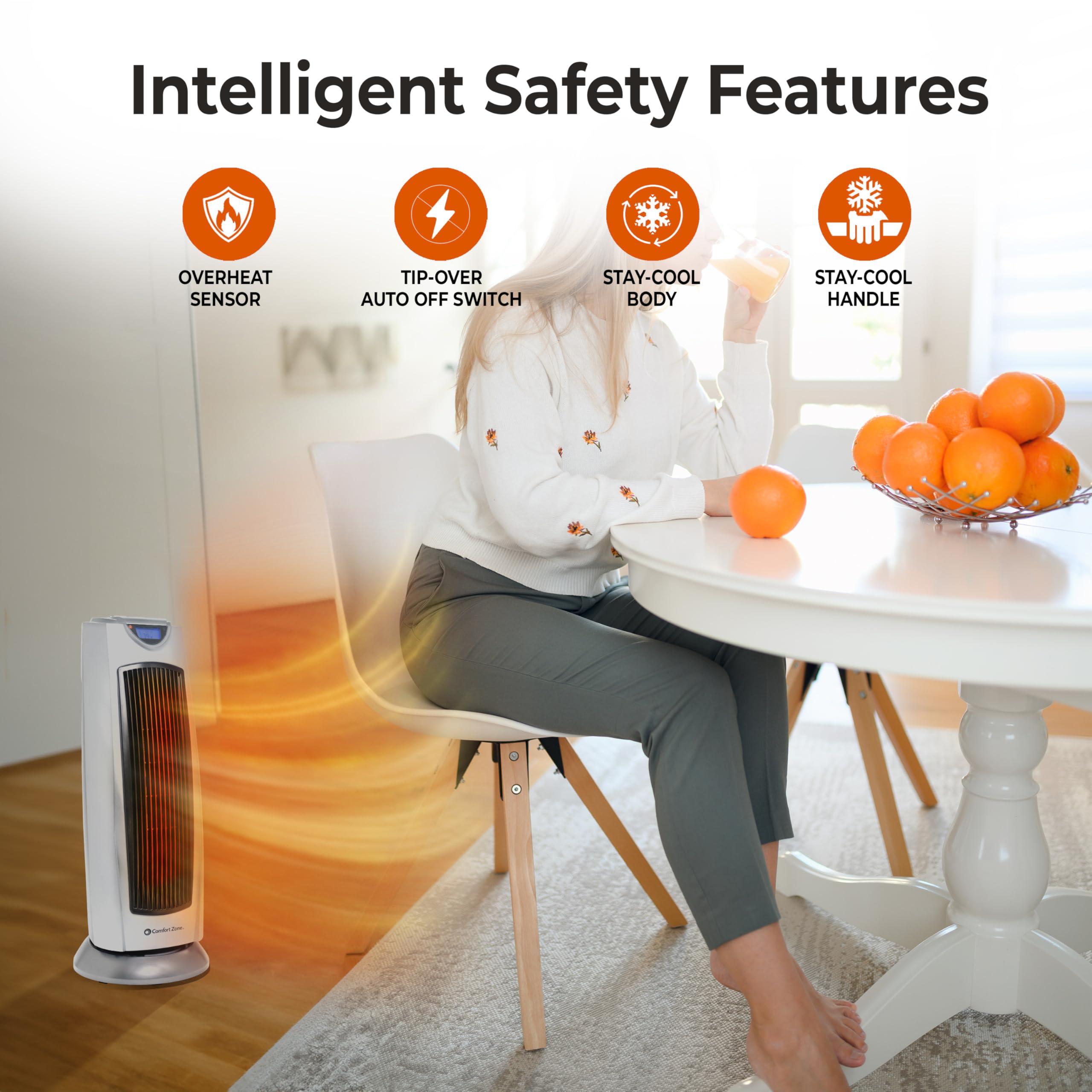 Comfort Zone Electric Oscillating Ceramic Tower Space Heater, Remote, Backlit Digital Thermostat & Temperature Display, Timer, &