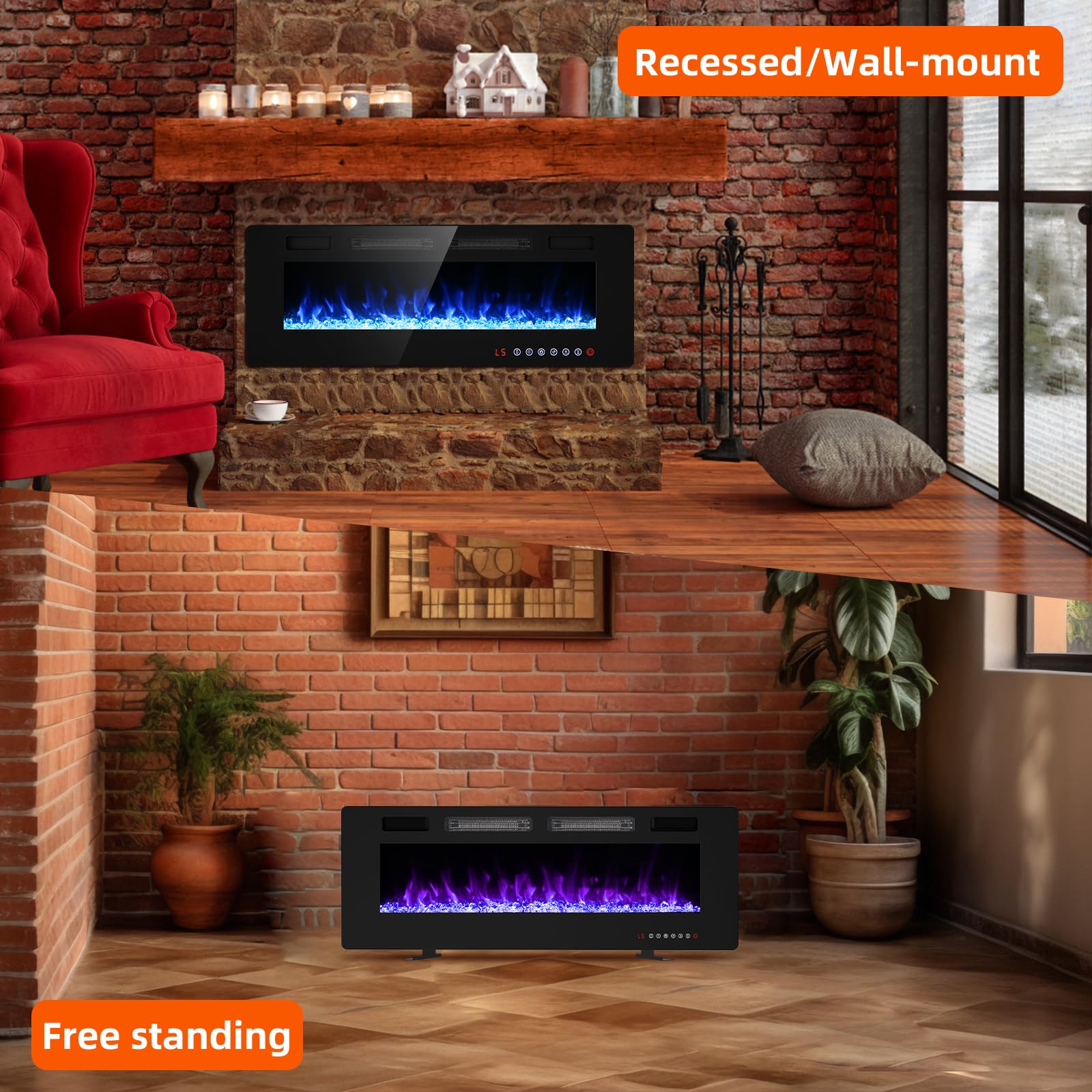 Breezeheat 50 Inch Electric Fireplace Wall Mounted/Freestanding Ultra Thin Fireplace Inserts For Living Room With Double Heat Ve