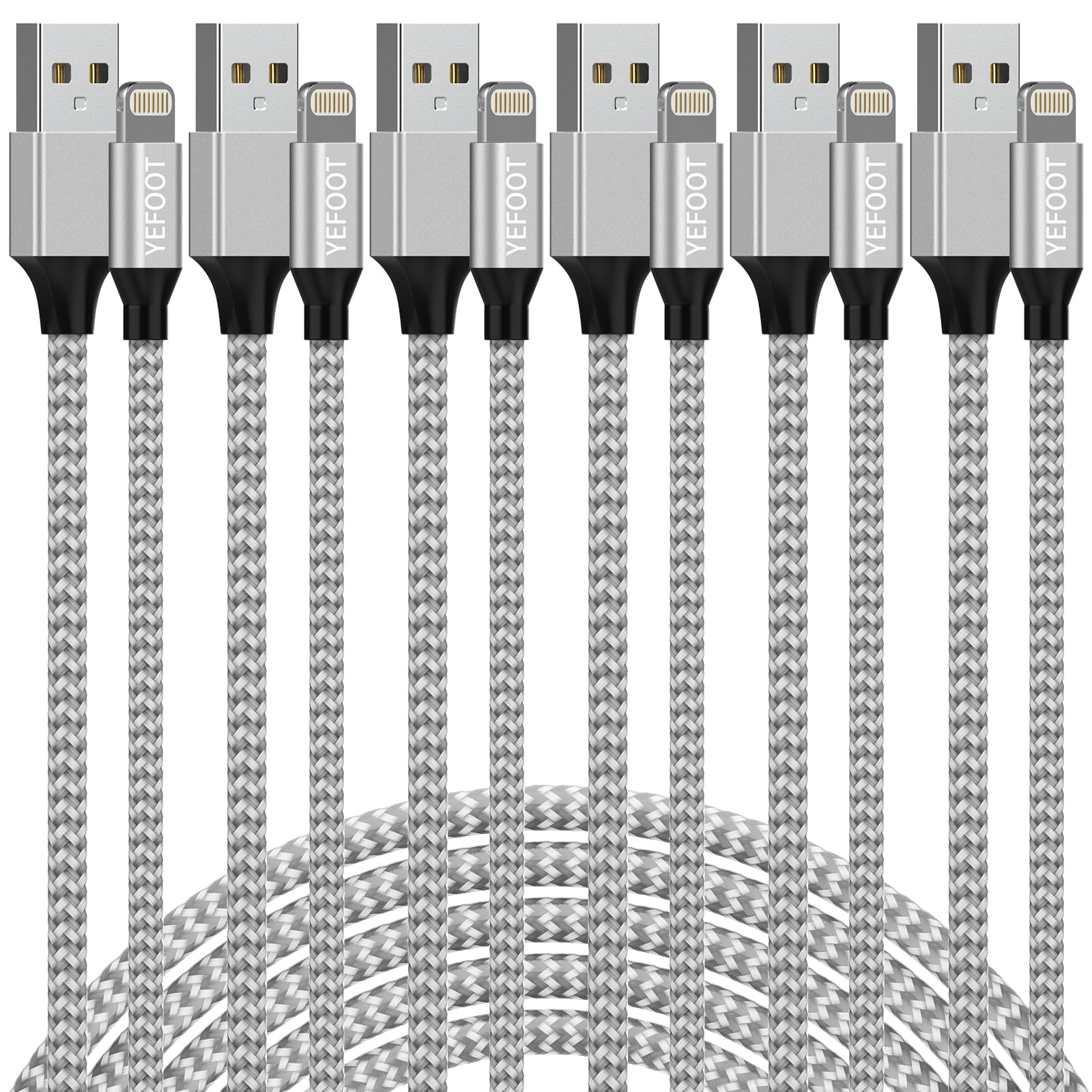 [Apple Mfi Certified] 6Pack[3/3/6/6/6/10Ft] Iphone Charger Lightning Cable Compatible Iphone 14Promax/14Pro/14/14Plus/13Pro/13/12Pro/12/11 And More Silver&White