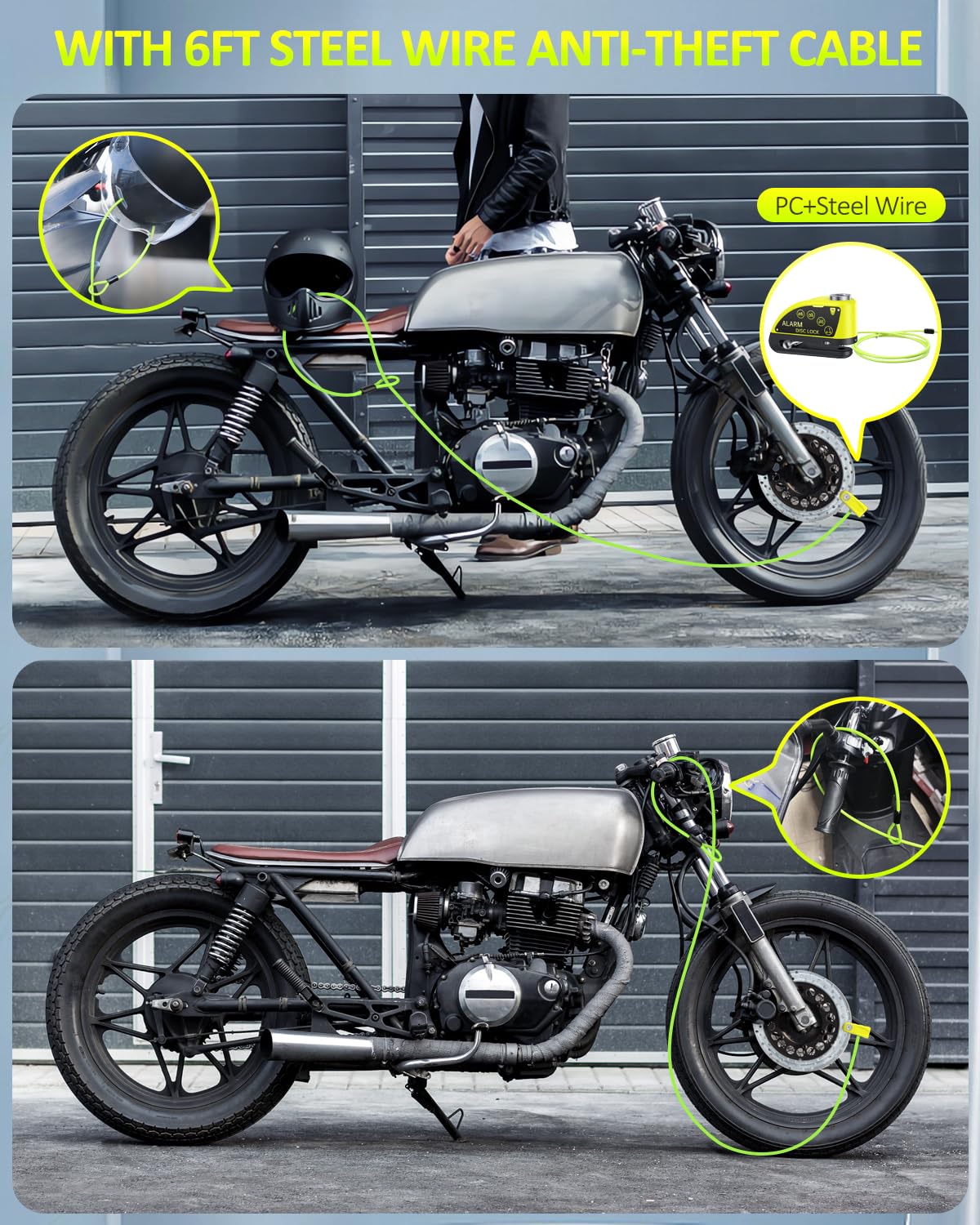 Onvian Rechargeable Motorcycle Lock With 6Ft Steel Wire Anti Theft Cable, For 7Mm Pin Ebike Electric Scooter Motorcycle Helmet W