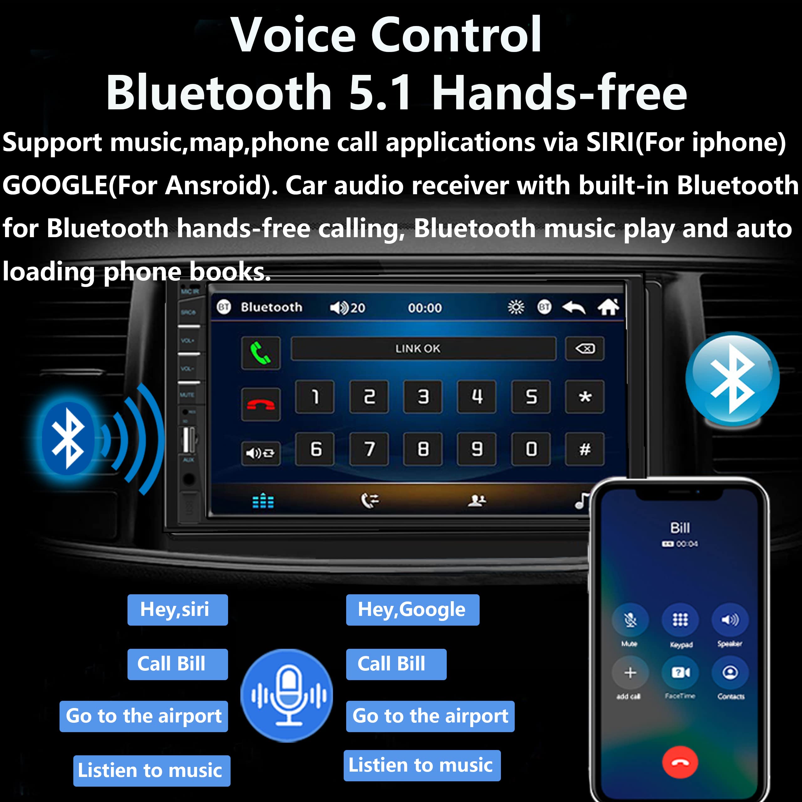 Naifay Double Din Car Stereo With Dash Cam | 7Inch Touchscreen Car Radio Receivers Support With Apple Carplay & Android Auto, Bl