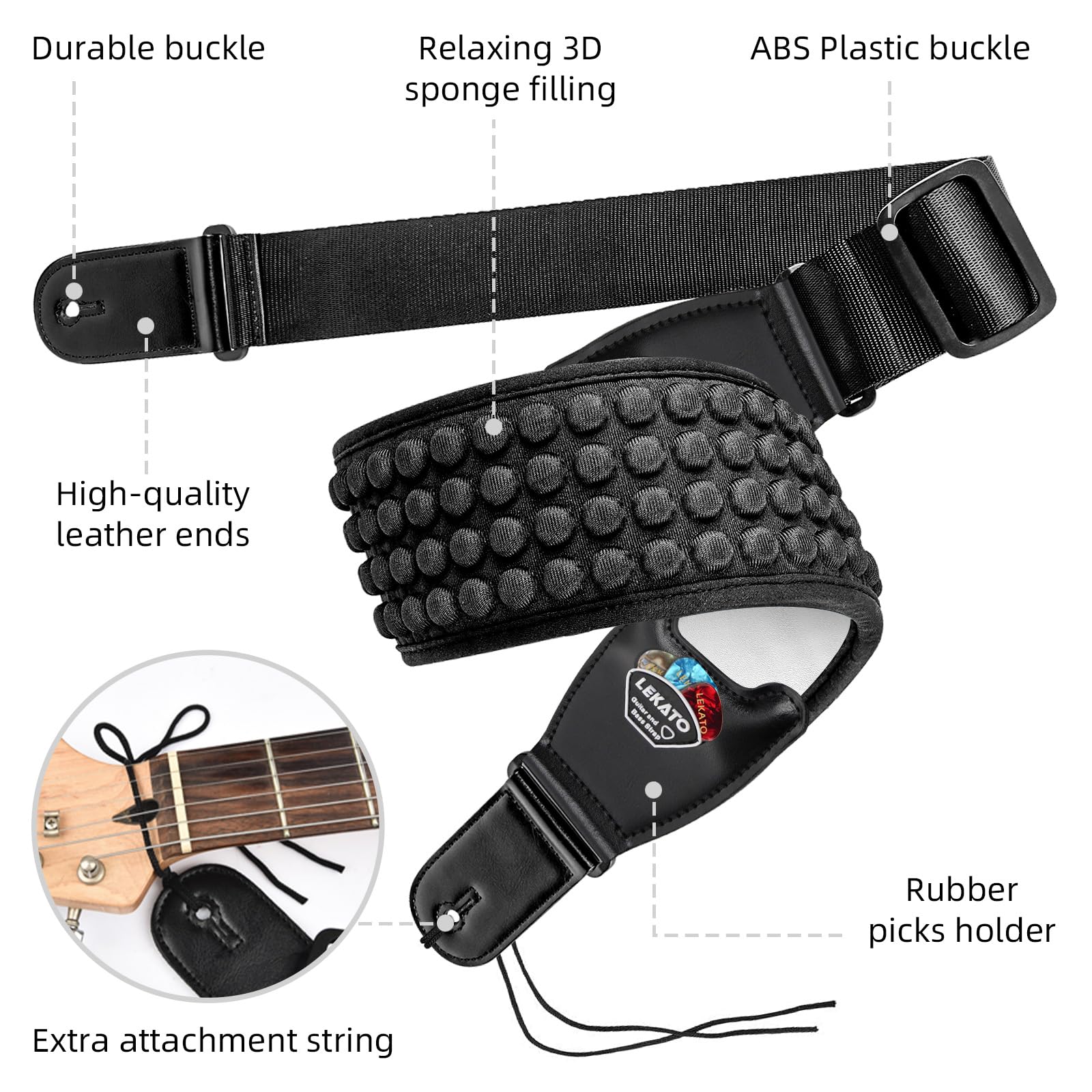 Lekato Guitar Straps For Electric Guitar & Bass, 3.5'' Wide Padded Guitar Strap Neoprene Pad With 3D Sponge Filling Bass Guitar