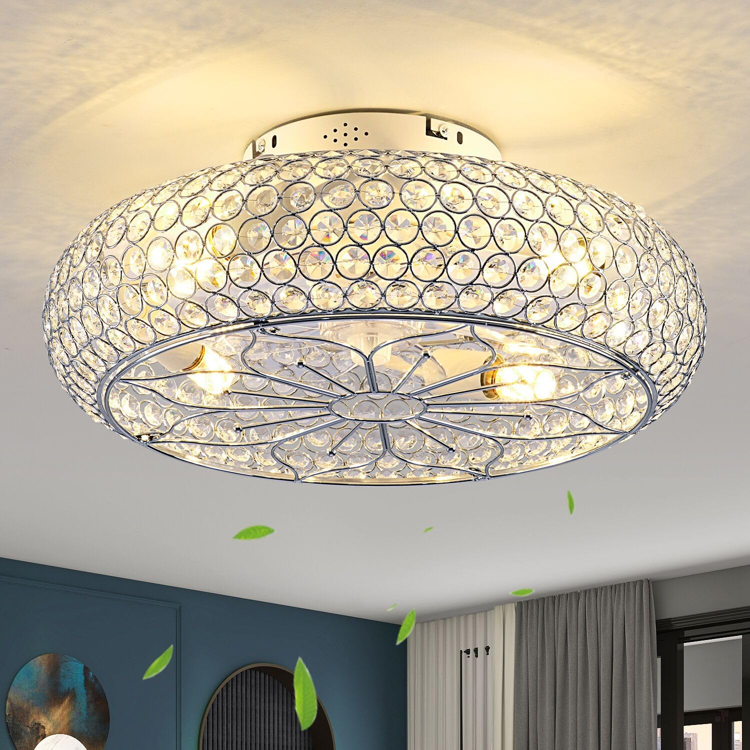jarensen 20 Crystal Ceiling Fan with Lights - Enclosed Bladeless Design, Reversible DC Motor & Remote, 6-Speed Quiet, Flush Moun