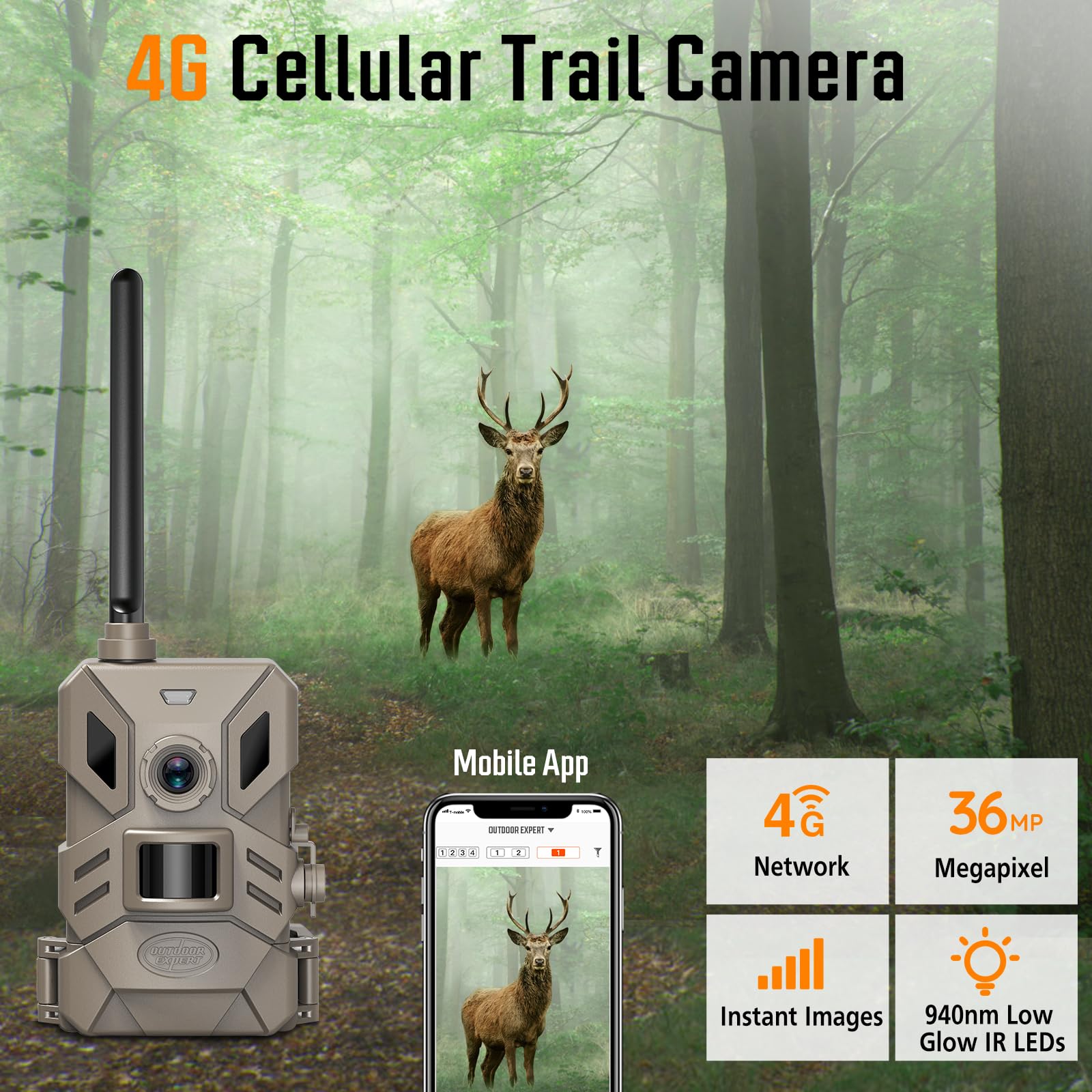 Outdoor Expert 4G Cellular Trail Camera,36Mp Hunting Camera With No Glow 940Nm Ir Led Night Vision,Hd Video Ip66 Waterproof Game