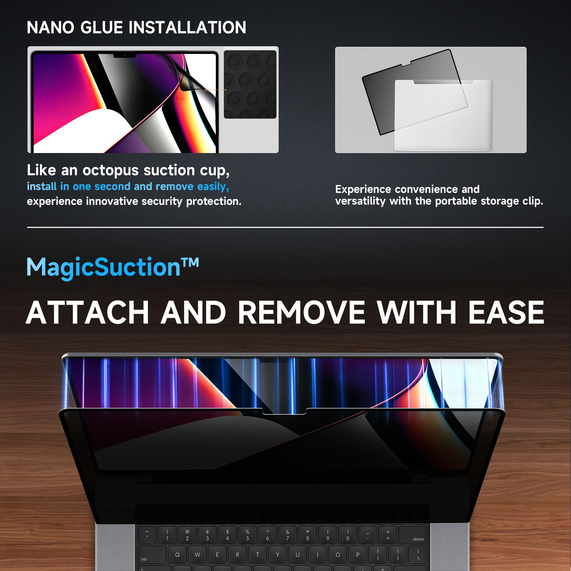 Mamol Privacy Screen For Macbook Air 15 Inch (2023 2024, M2, M3)  A2941 A3114, Magicsuction Removable Vacuum Adsorption Anti Spy