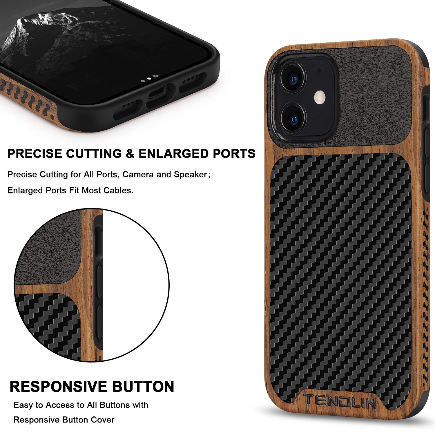 Tendlin Compatible With Iphone 12 Case/Iphone 12 Pro Case Wood Grain With Carbon Fiber Texture Design Leather Hybrid Case Black