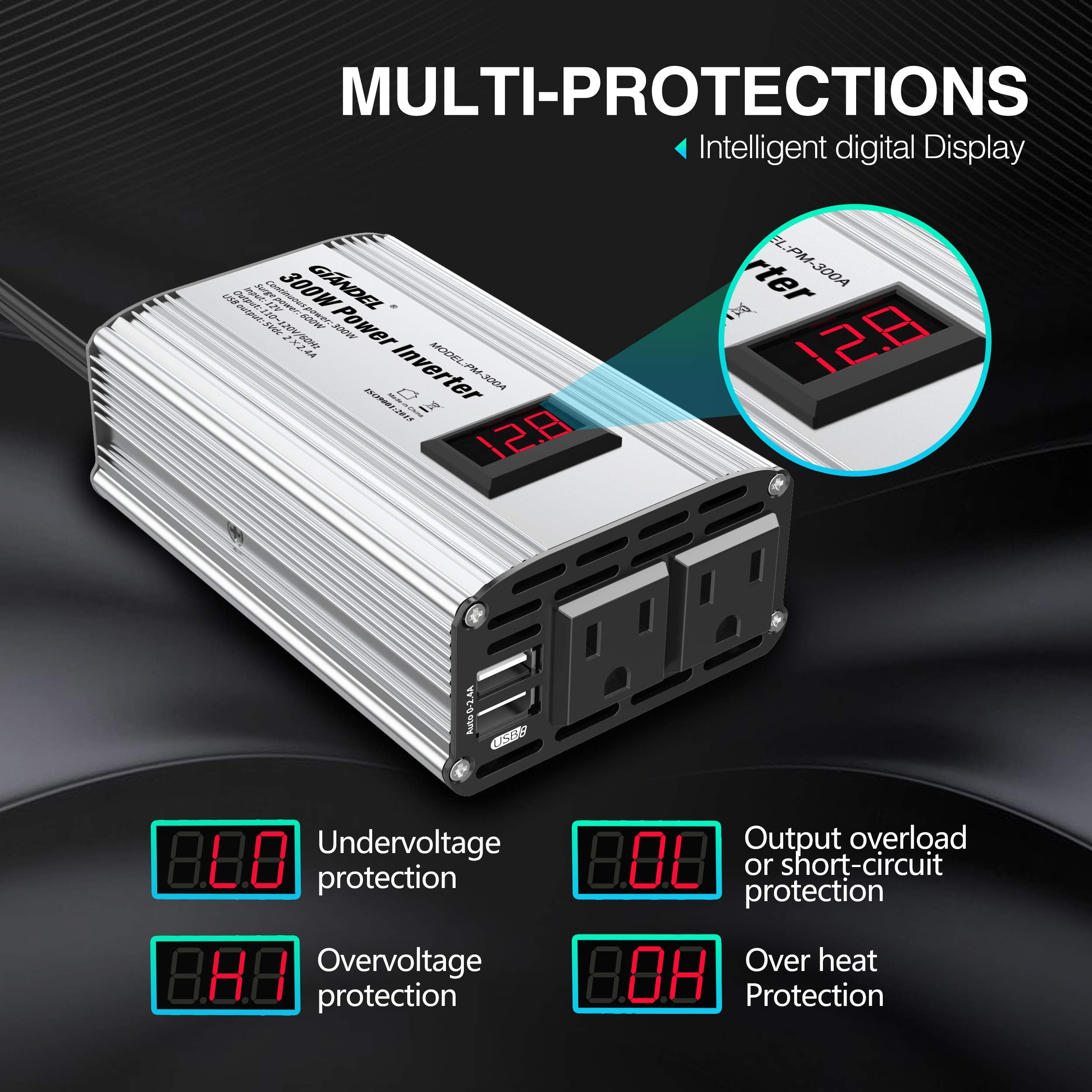 300W Power Inverter Dc 12V To 110V Ac Car Inverter With 48A Dual Usb Car Adapter With Led Display